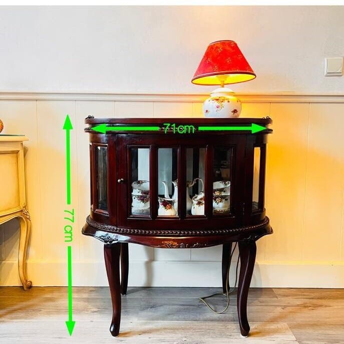 Mahogany Wood Tea Cabinet with Oval Tray Top, Beveled Glass Doors, Vintage Display Table or Sideboard Storage Piece