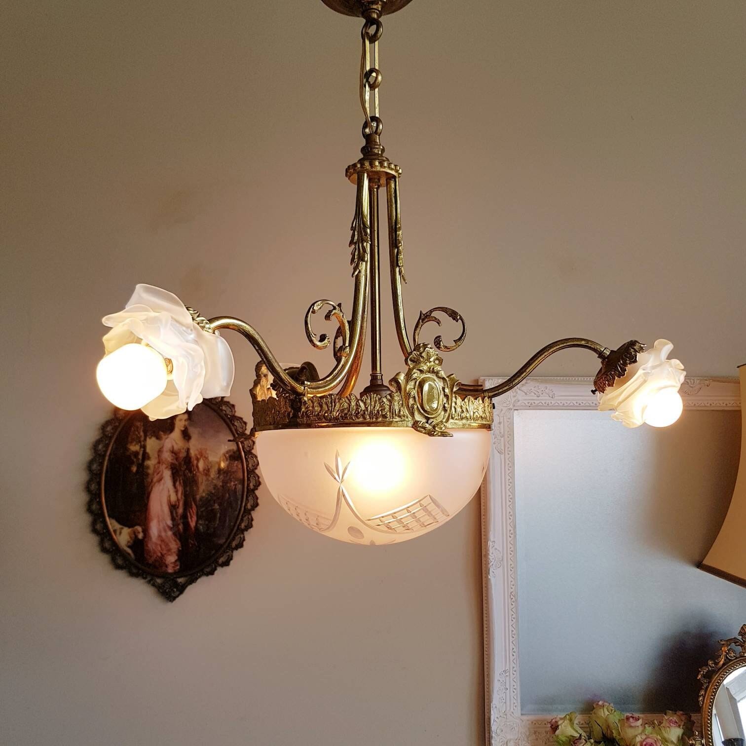Antique Art Deco Bronze Glass Chandelier with Satin Shades, French Pendant Light, 3 Arm Ceiling Fixture, 4 Bulb Vintage Lighting