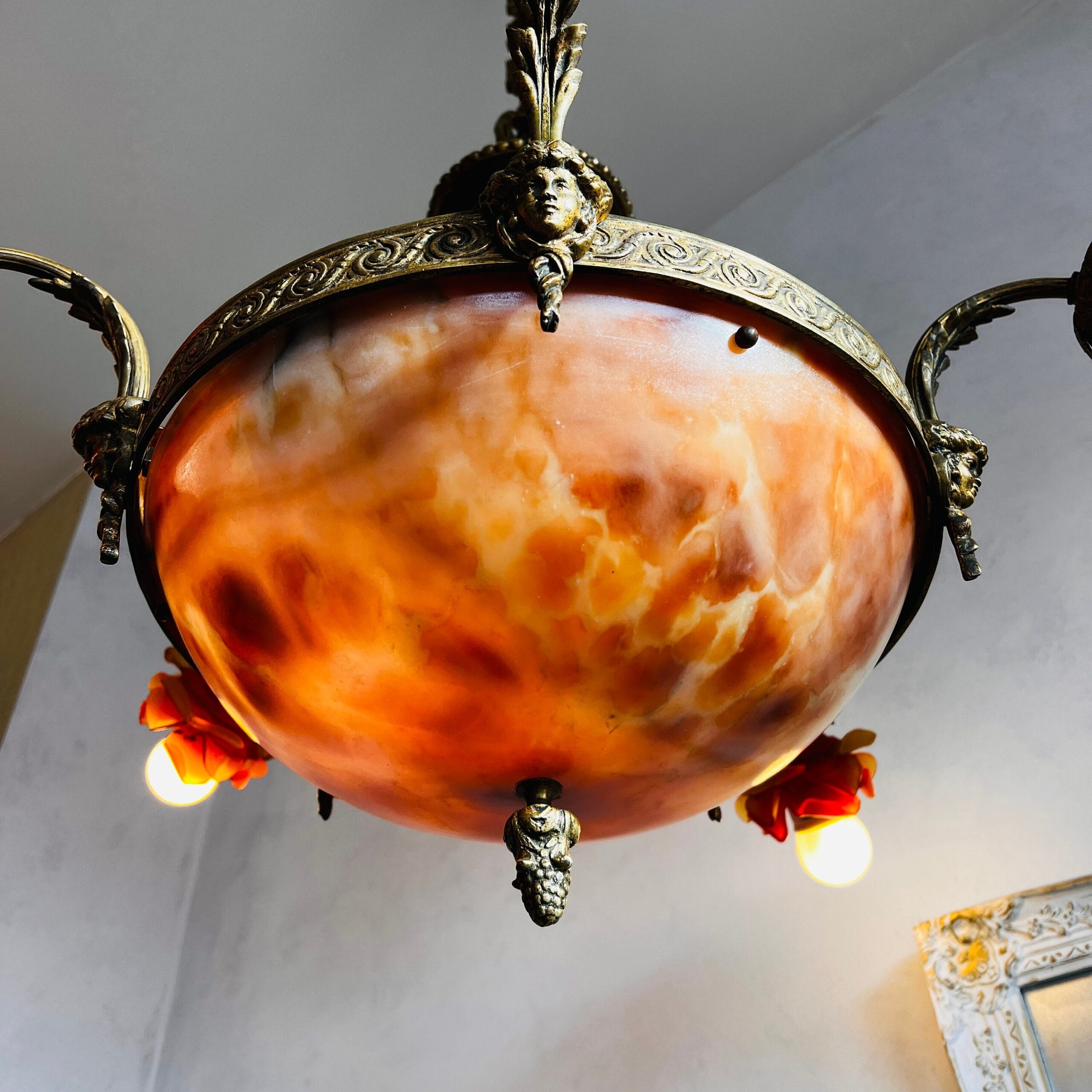 French Bronze Chandelier with Marble Disc and Vianne Shades | Rococo Louis XV Lighting | Ornate Vintage Ceiling Fixture