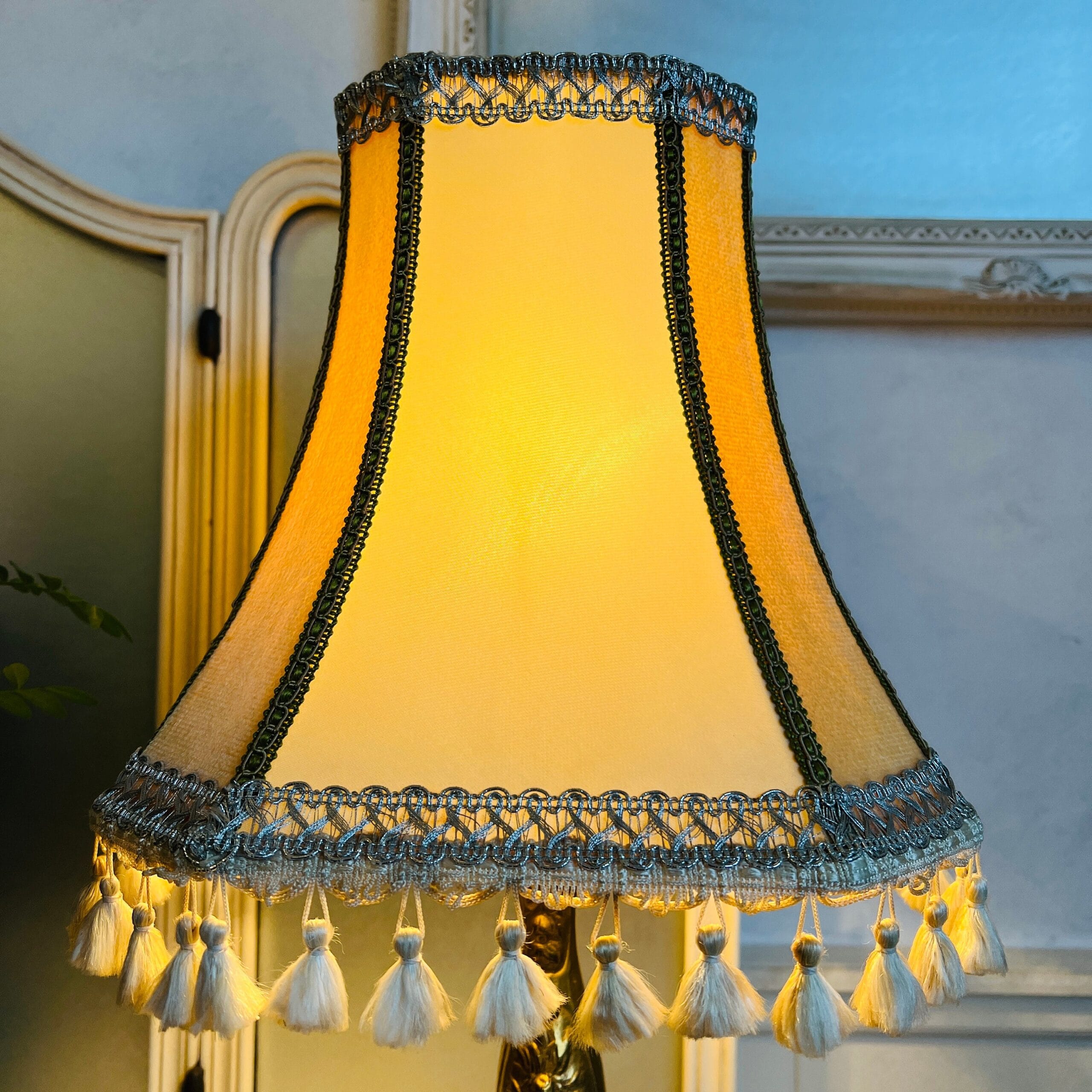 Brass table lamp with fringed shade, 60s vintage lighting for desk or bedside, charming home accent with soft nostalgic glow