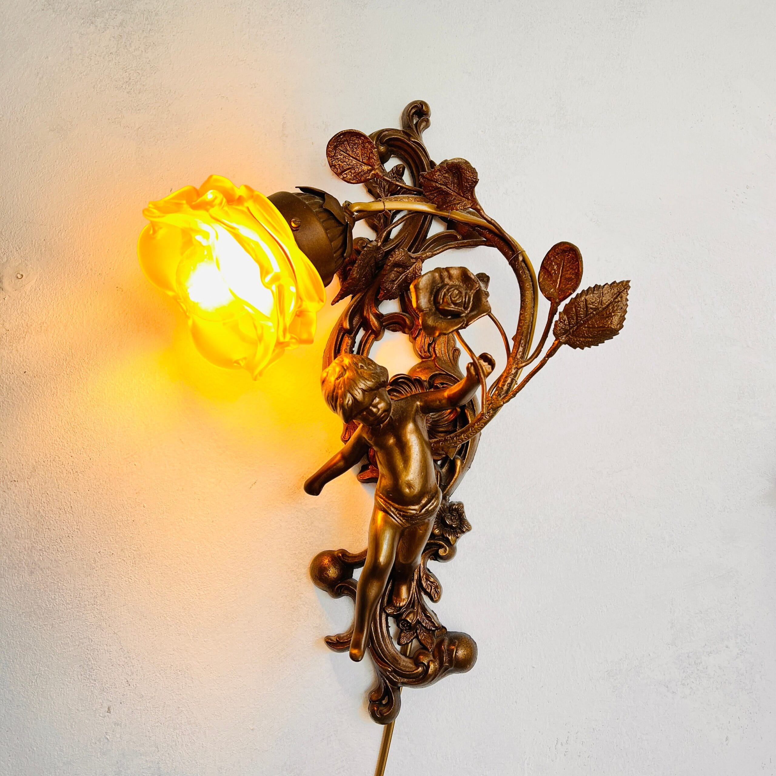 Bronze Cherub Wall Sconces with Frosted Glass Shades, Italian Pair of Wall Lamps for Romantic Vintage Home Lighting Decor