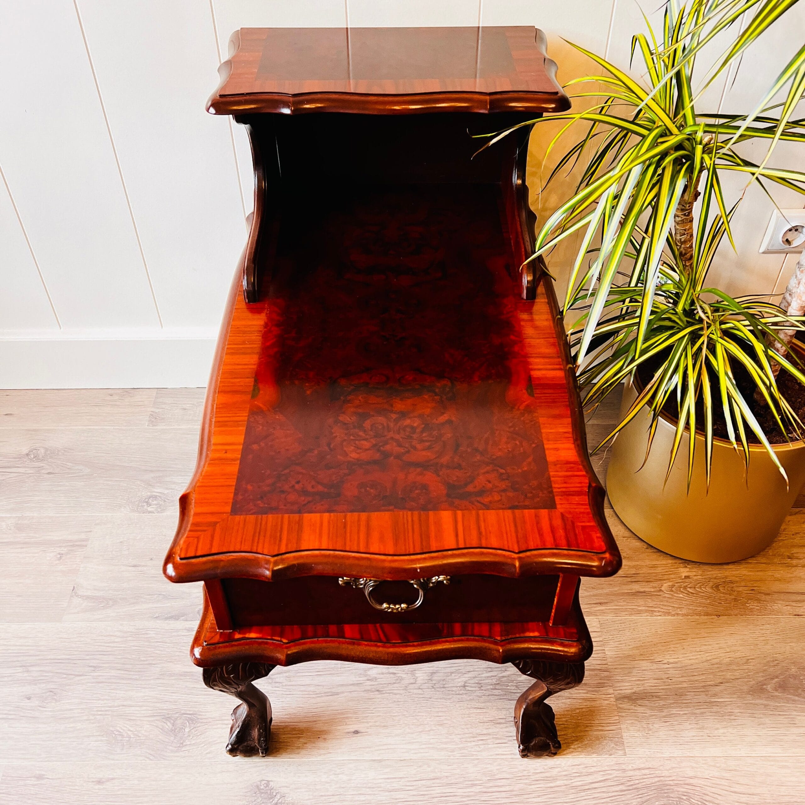 Wood Nightstand with Drawer, French Louis XV Bedside Cabinet, Chippendale Style Table with Lion Legs, Mid-Century Accent Piece