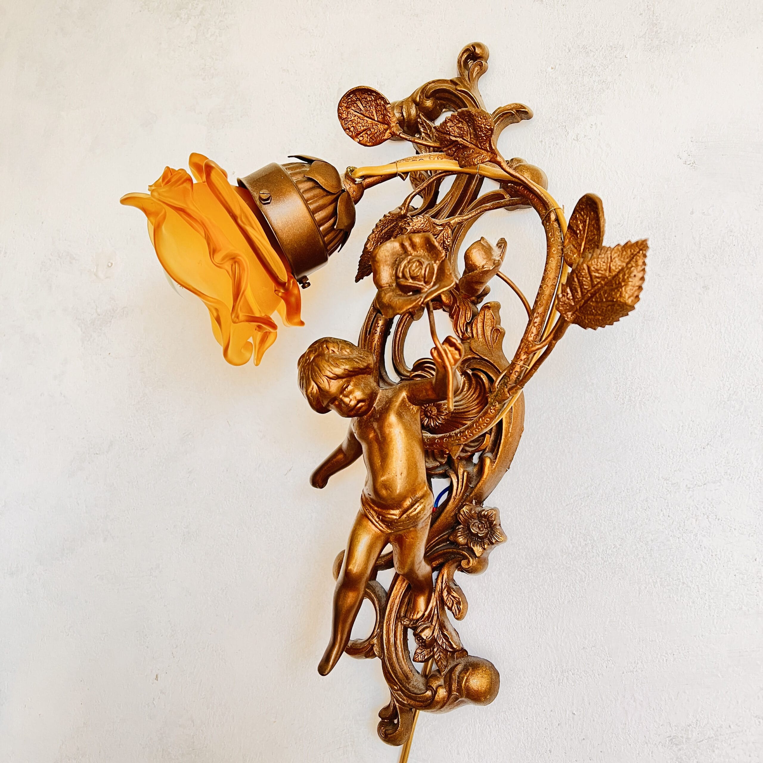 Bronze Cherub Wall Sconces with Frosted Glass Shades, Italian Pair of Wall Lamps for Romantic Vintage Home Lighting Decor