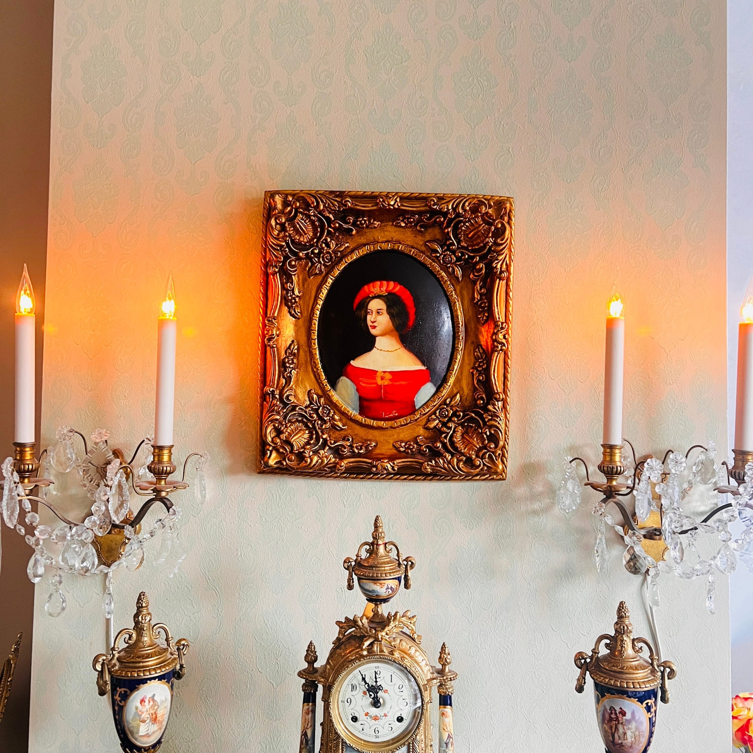Lady Portrait Painting on Wood with Golden Frame, Convex Handmade Wall Art, Signed Vintage Decor for Elegant Interiors