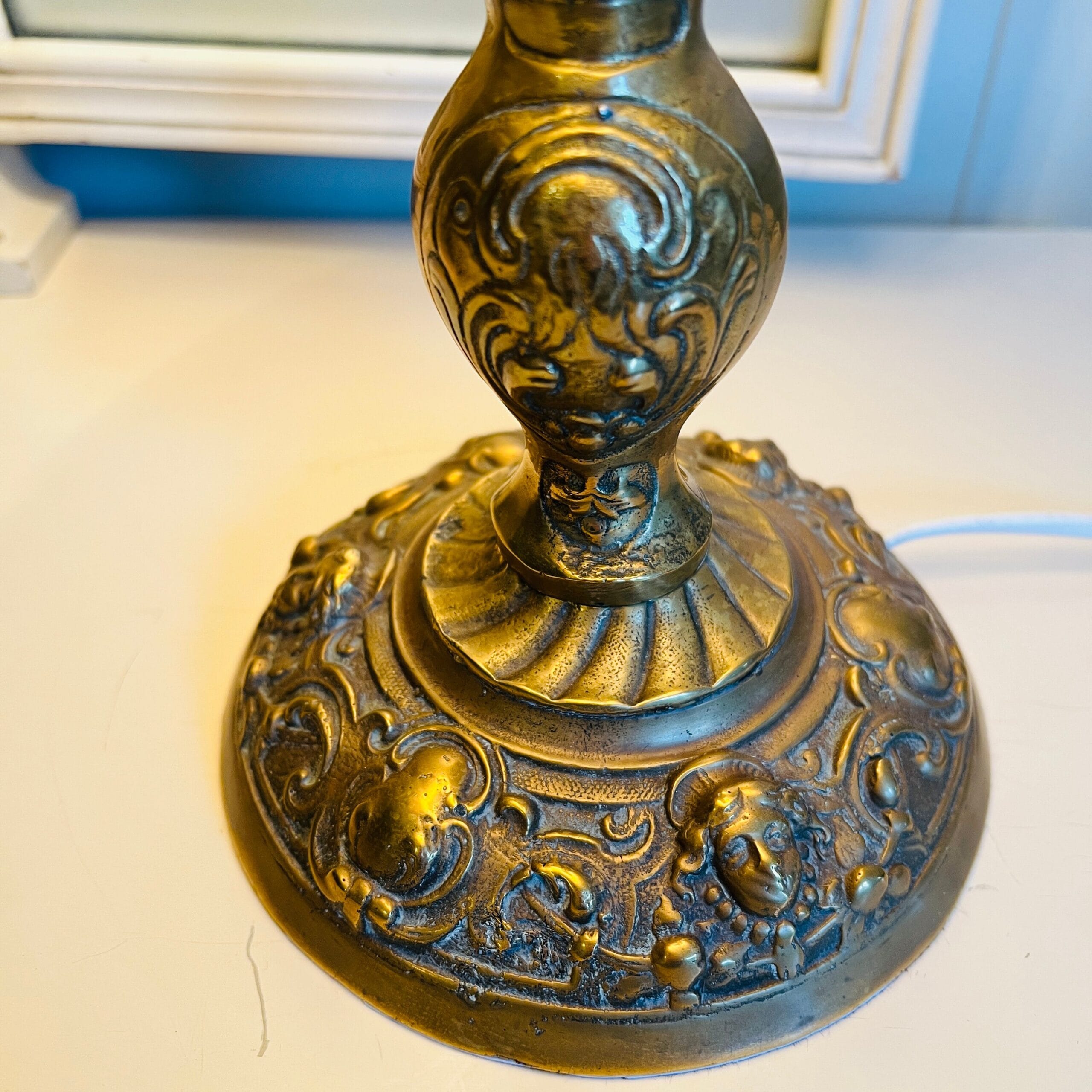 Brass table lamp with fringed shade, 60s vintage lighting for desk or bedside, charming home accent with soft nostalgic glow