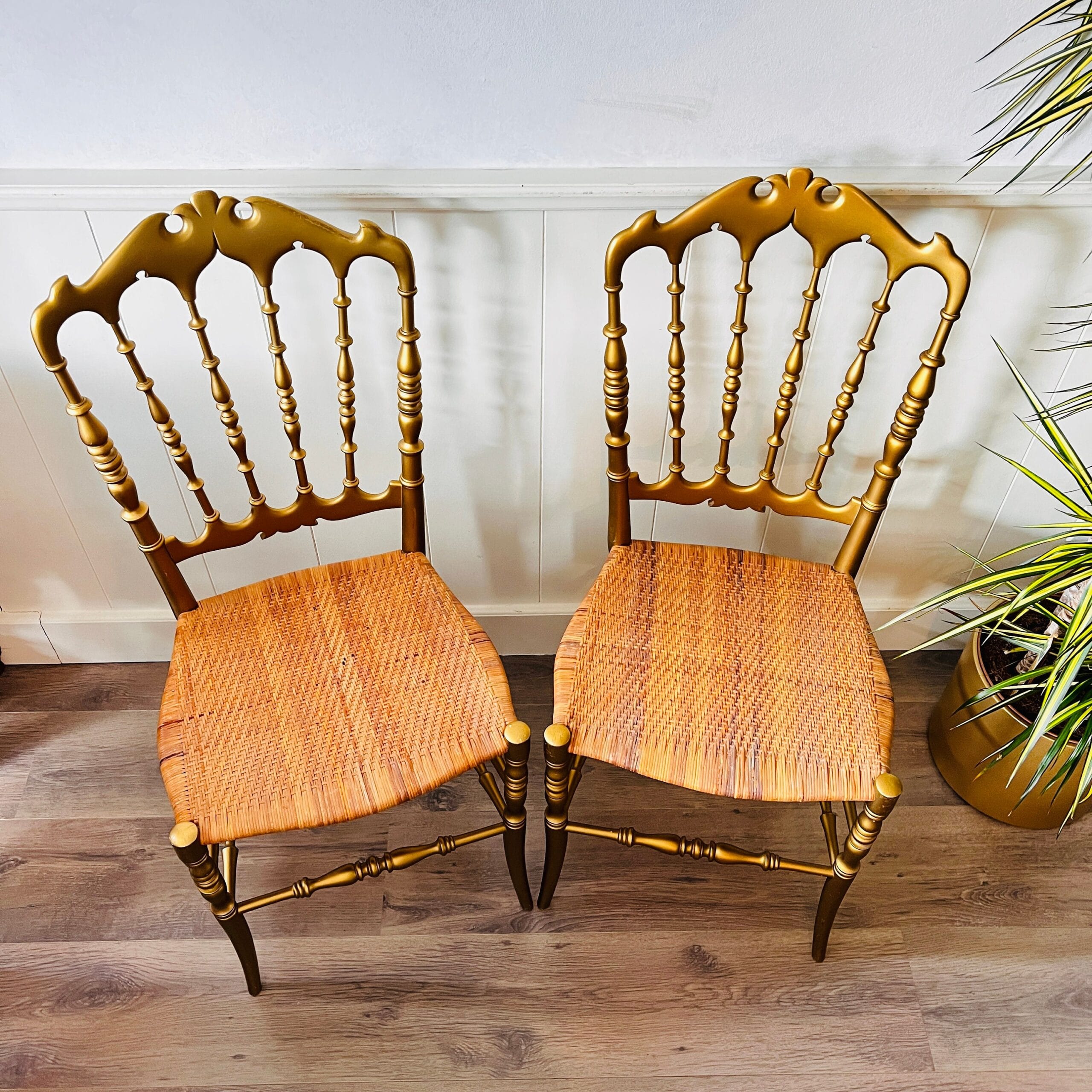 Pair of Gold Wood Chiavari-Style Chairs, Mid-Century Italian Event Seating, 1960s Dining Room Accent Set with Patina Charm