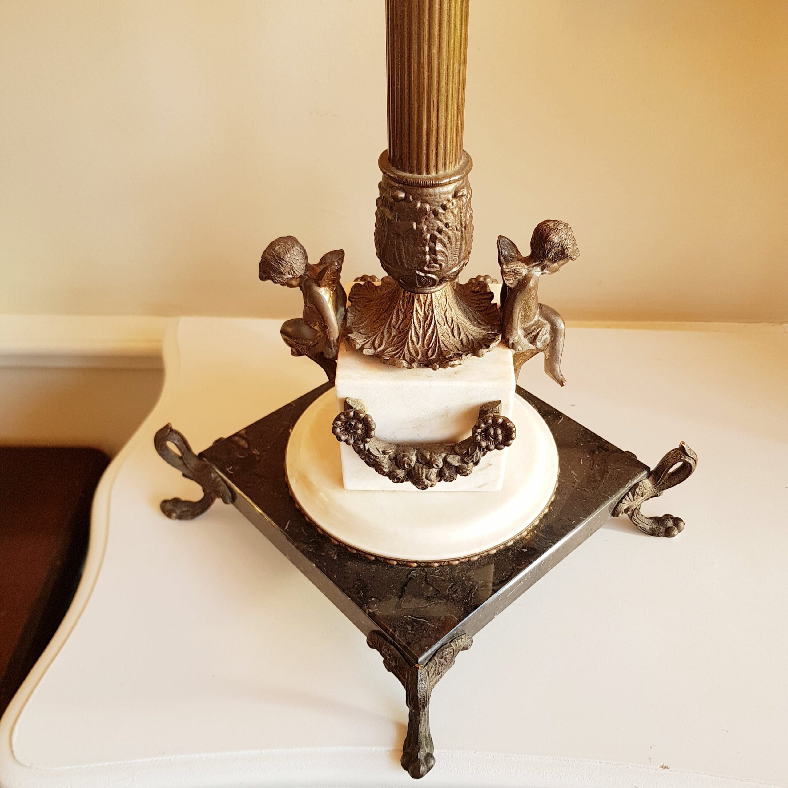 Bronze and Marble Cherub Table Lamp, French Empire Style Column Light, 19th Century Home Lighting, Ornate Bedside Accent