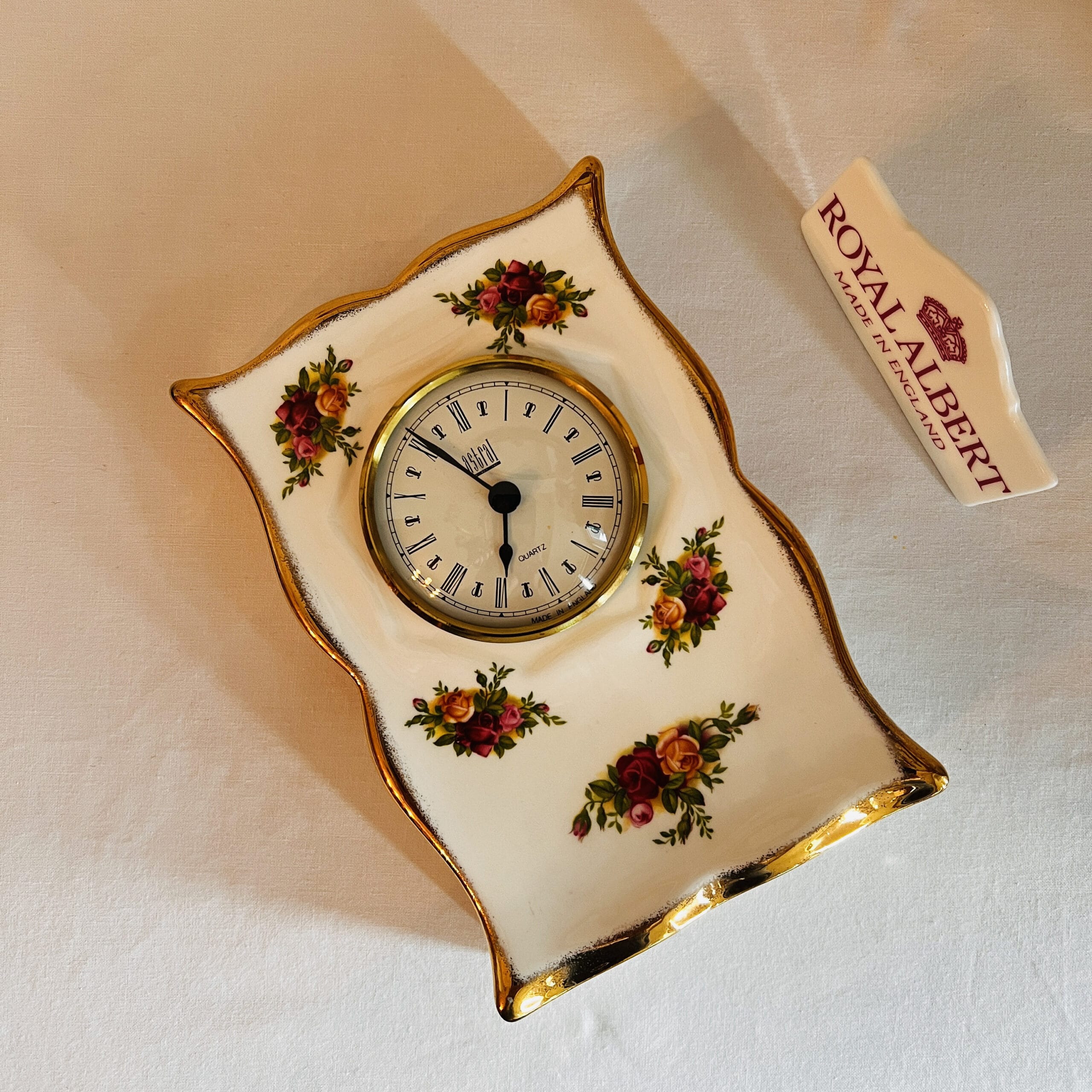 Bone China Quartz Table Clock by Royal Old Country Roses, Porcelain Mantel Decor, Made in England, Floral, Working Battery Operated