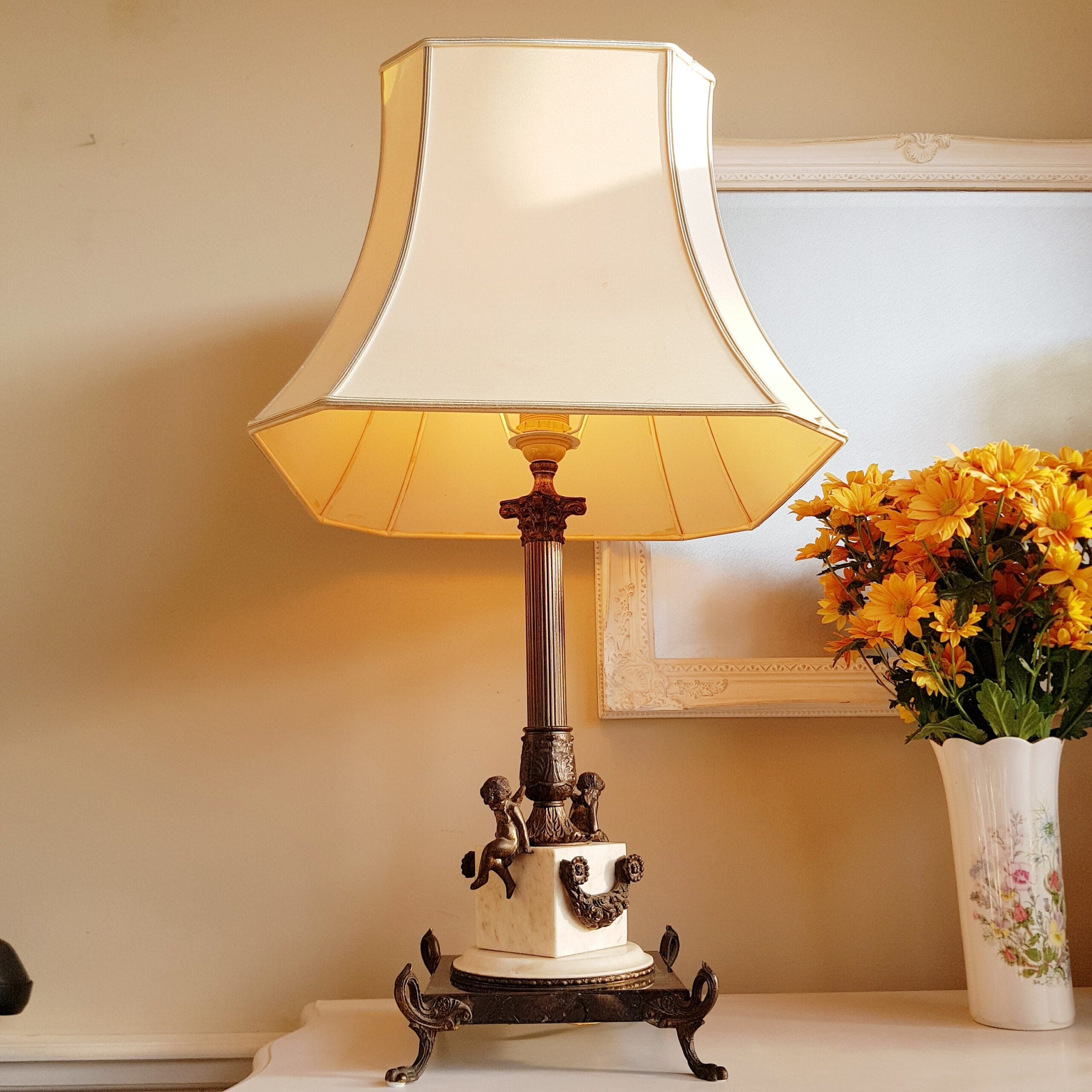 Bronze and Marble Cherub Table Lamp, French Empire Style Column Light, 19th Century Home Lighting, Ornate Bedside Accent