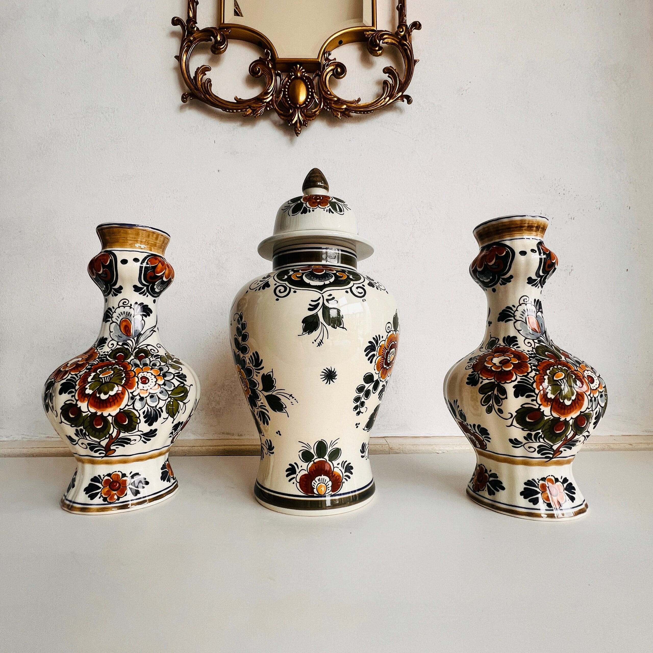 Ceramic Delft Polychrome Ginger Jar Trio with Lidded Urn Vase - Hand Painted Holland Set - Colorful Vintage Home Decor Accent