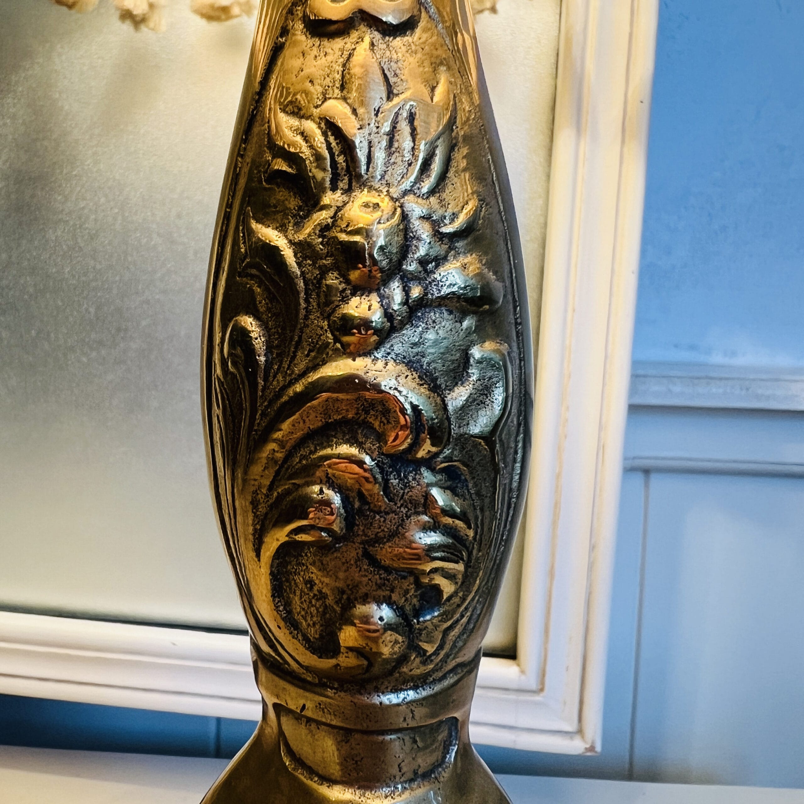 Brass table lamp with fringed shade, 60s vintage lighting for desk or bedside, charming home accent with soft nostalgic glow