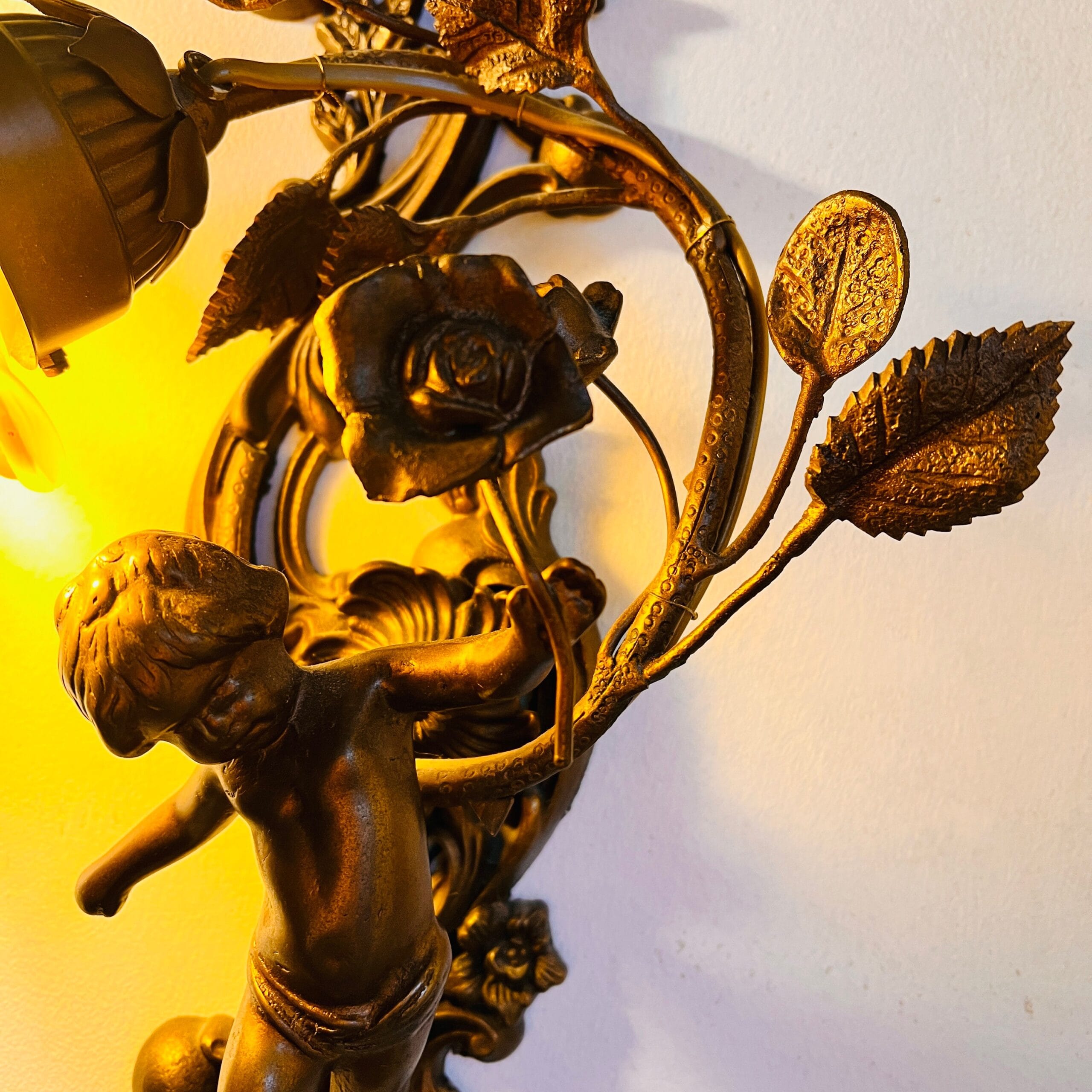 Bronze Cherub Wall Sconces with Frosted Glass Shades, Italian Pair of Wall Lamps for Romantic Vintage Home Lighting Decor