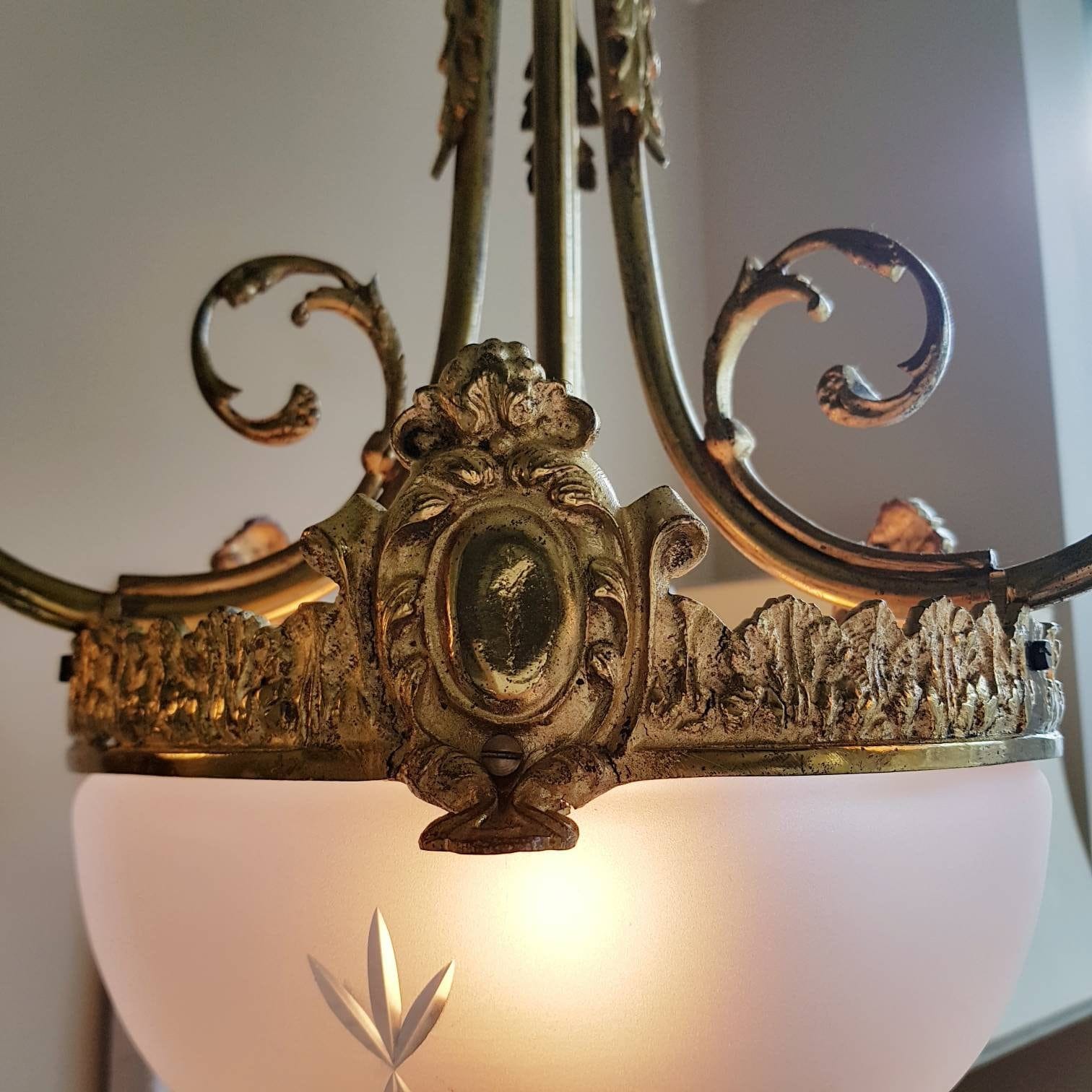 Antique Art Deco Bronze Glass Chandelier with Satin Shades, French Pendant Light, 3 Arm Ceiling Fixture, 4 Bulb Vintage Lighting