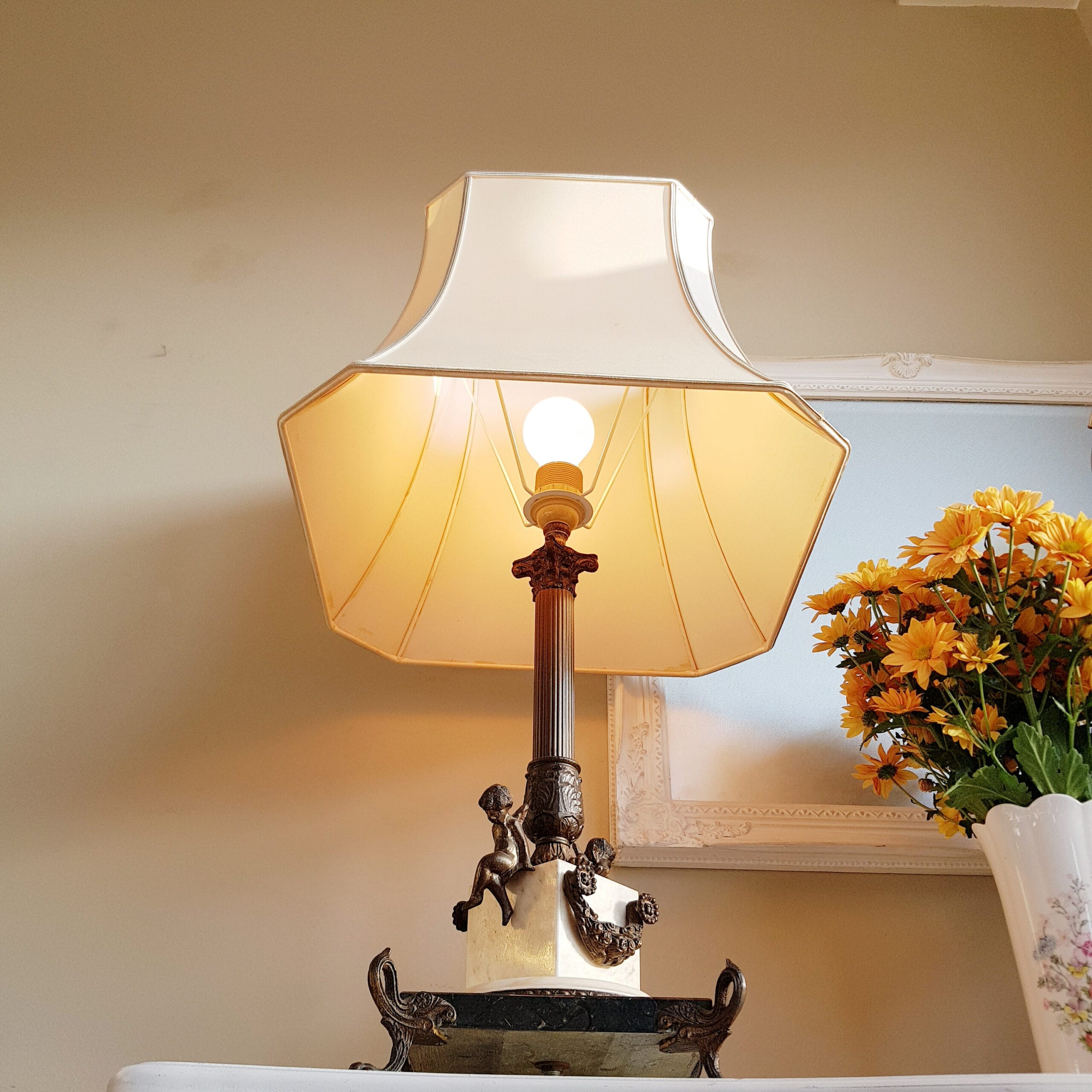 Bronze and Marble Cherub Table Lamp, French Empire Style Column Light, 19th Century Home Lighting, Ornate Bedside Accent