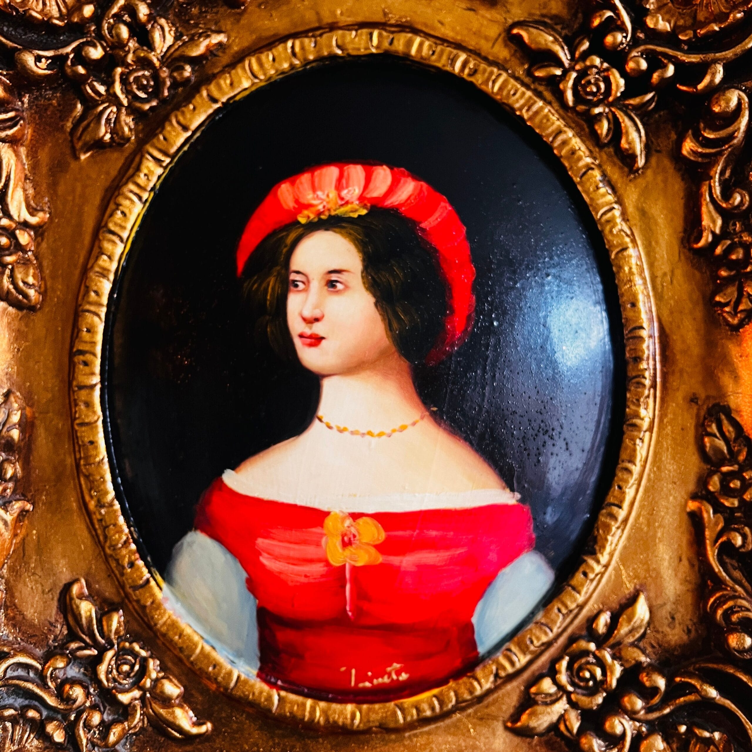 Lady Portrait Painting on Wood with Golden Frame, Convex Handmade Wall Art, Signed Vintage Decor for Elegant Interiors