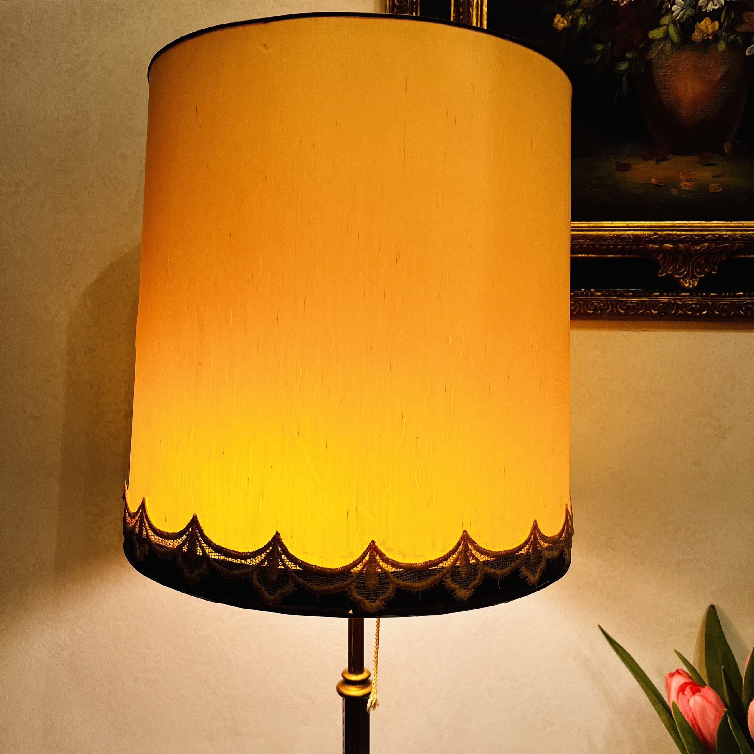 Bronze brass floor lamp with Art Deco style, tripod base and dual lights under a large vintage shade, elegant tall stand lighting