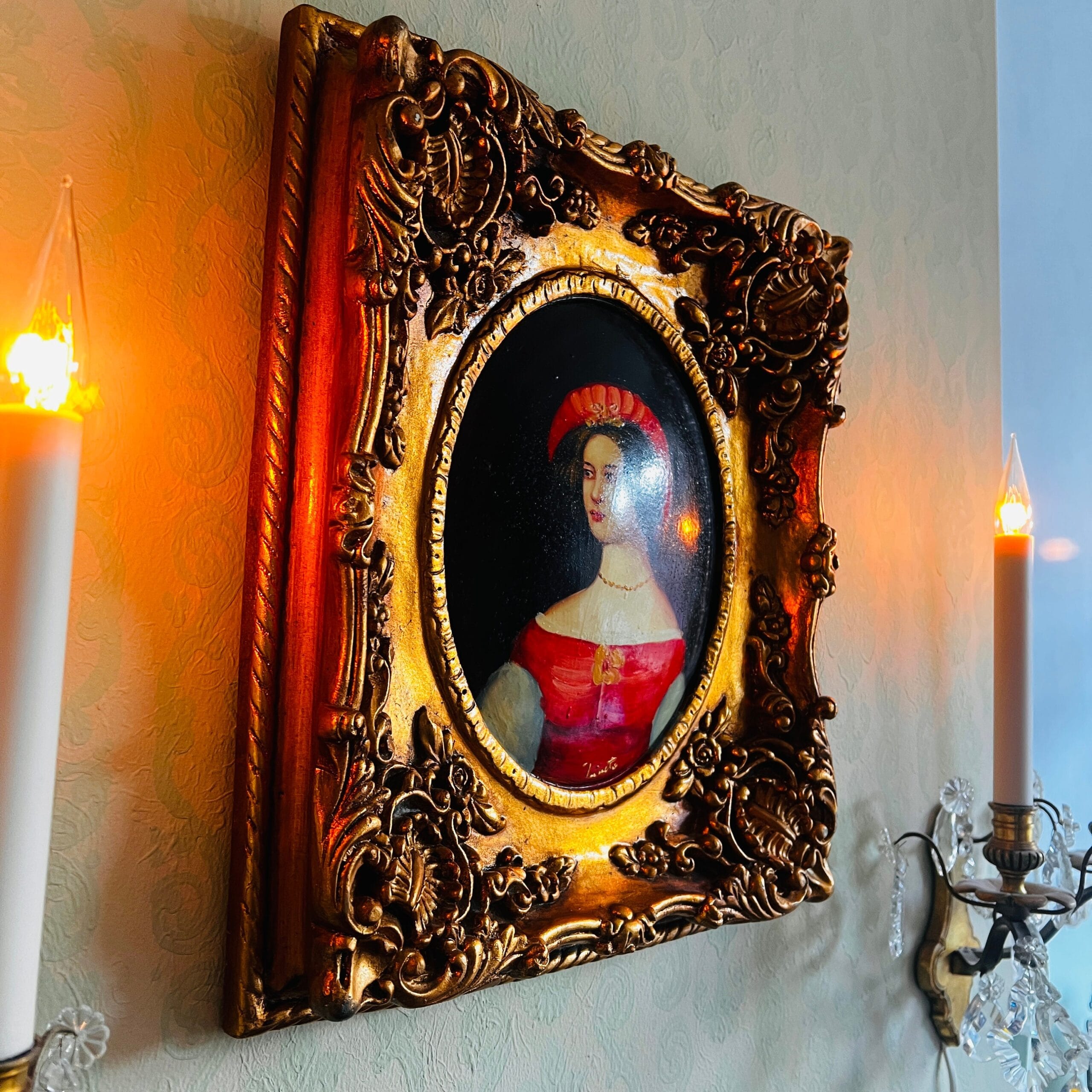Lady Portrait Painting on Wood with Golden Frame, Convex Handmade Wall Art, Signed Vintage Decor for Elegant Interiors