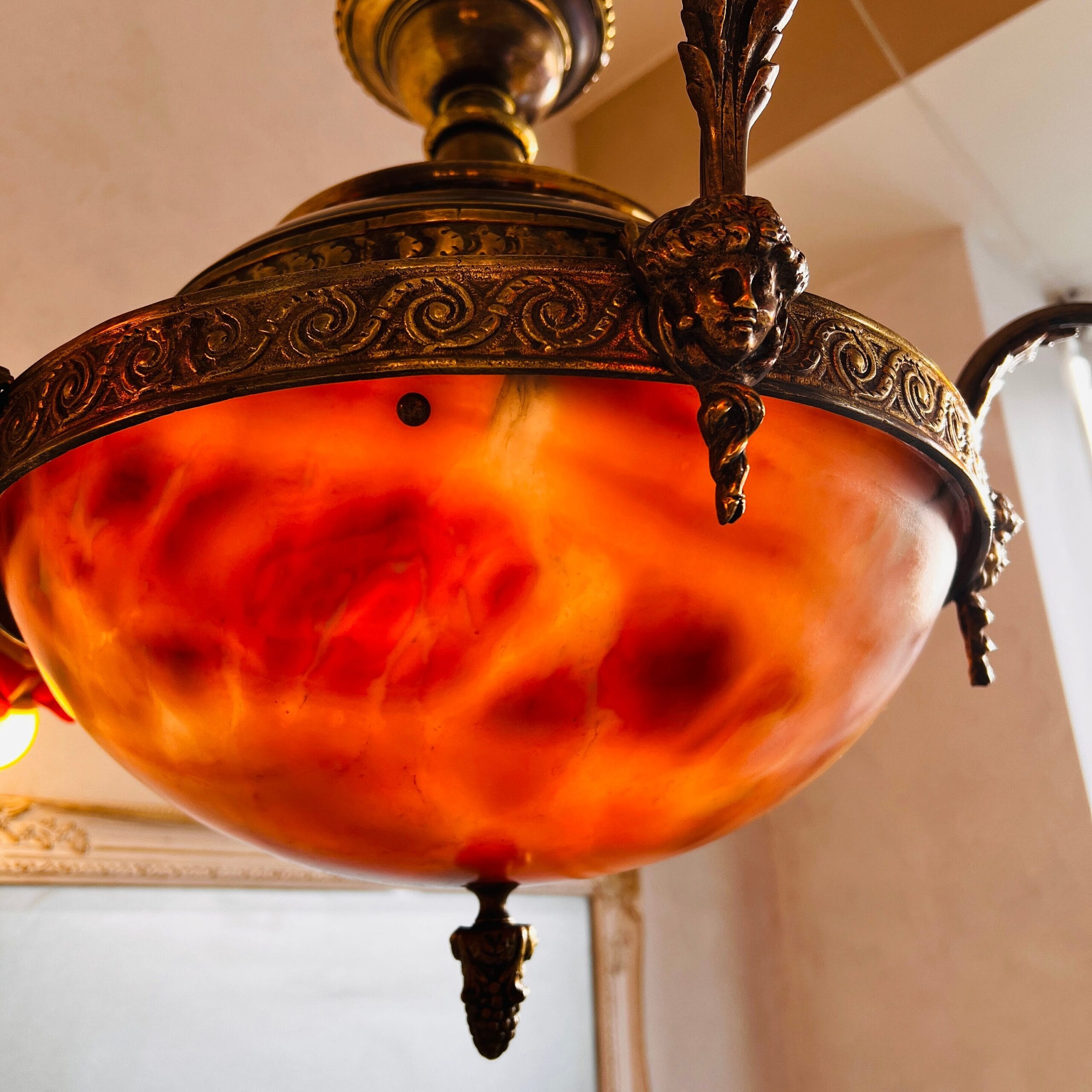 French Bronze Chandelier with Marble Disc and Vianne Shades | Rococo Louis XV Lighting | Ornate Vintage Ceiling Fixture