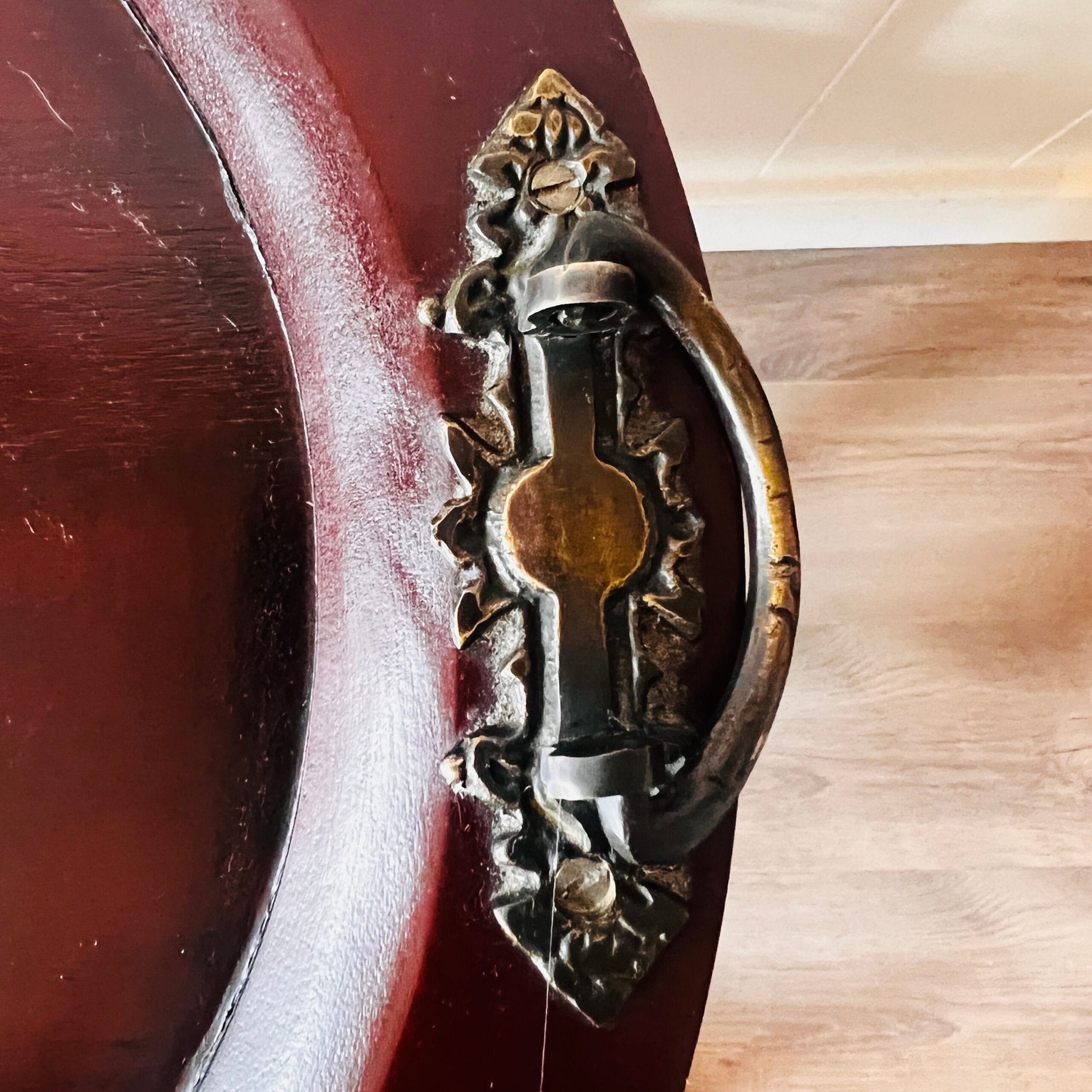 Mahogany Wood Tea Cabinet with Oval Tray Top, Beveled Glass Doors, Vintage Display Table or Sideboard Storage Piece