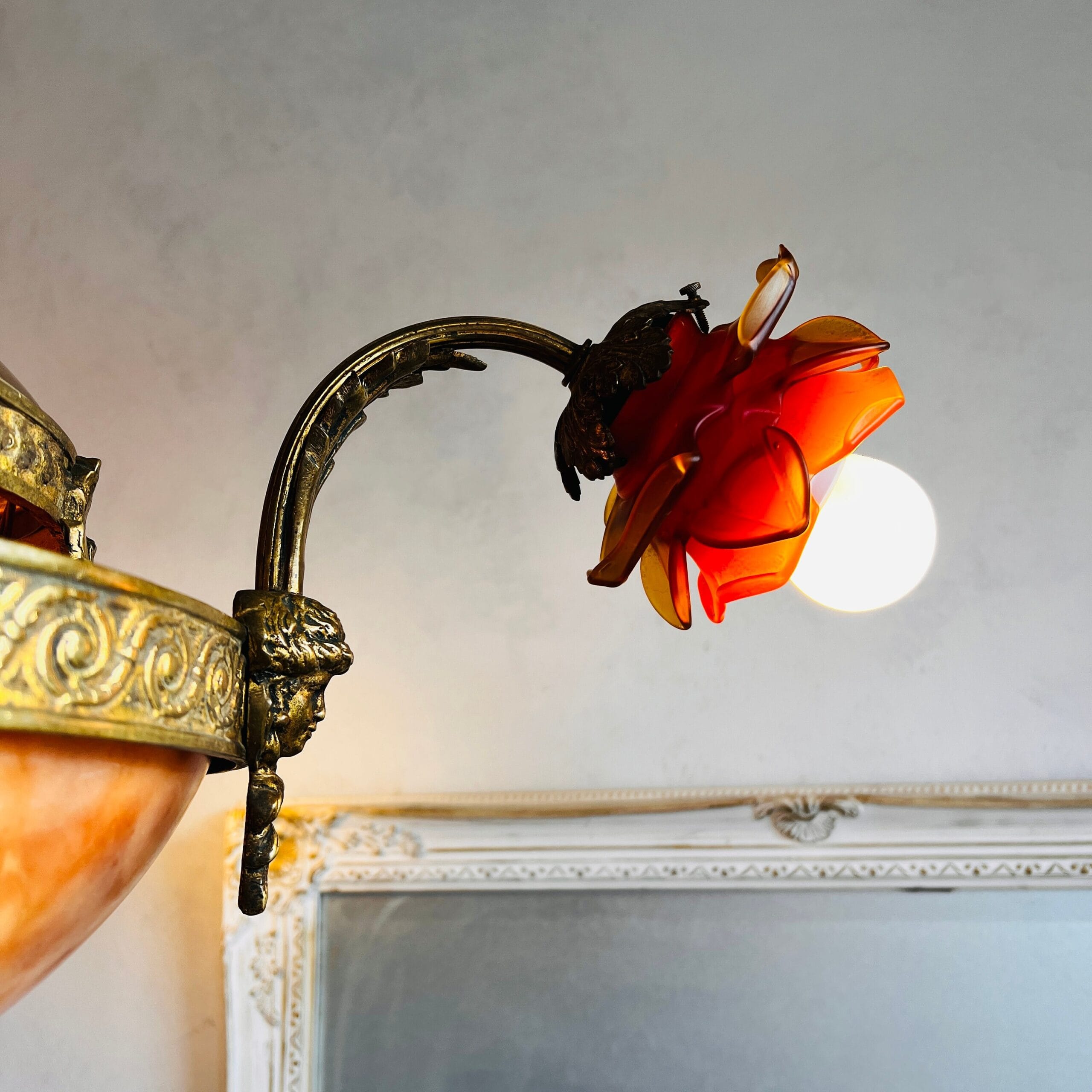French Bronze Chandelier with Marble Disc and Vianne Shades | Rococo Louis XV Lighting | Ornate Vintage Ceiling Fixture
