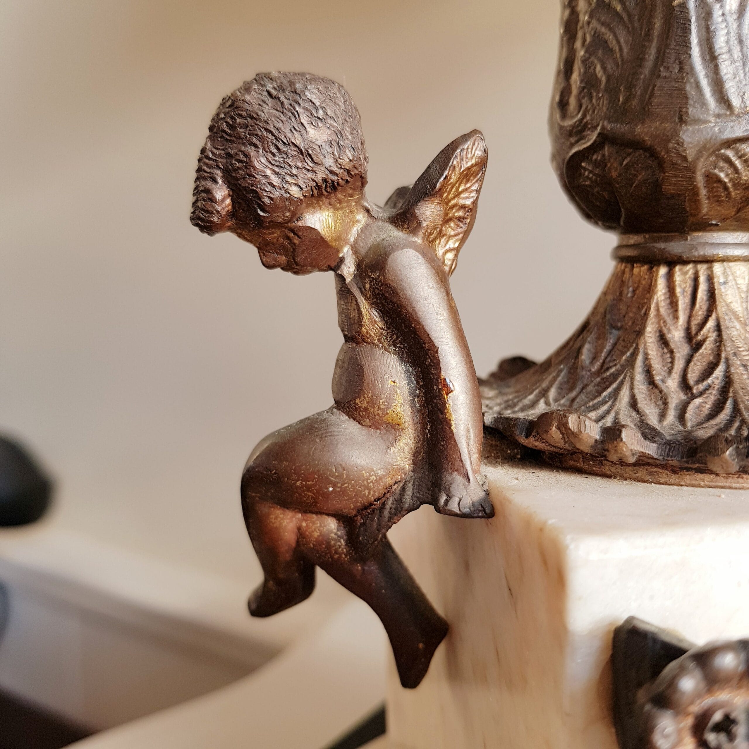 Bronze and Marble Cherub Table Lamp, French Empire Style Column Light, 19th Century Home Lighting, Ornate Bedside Accent