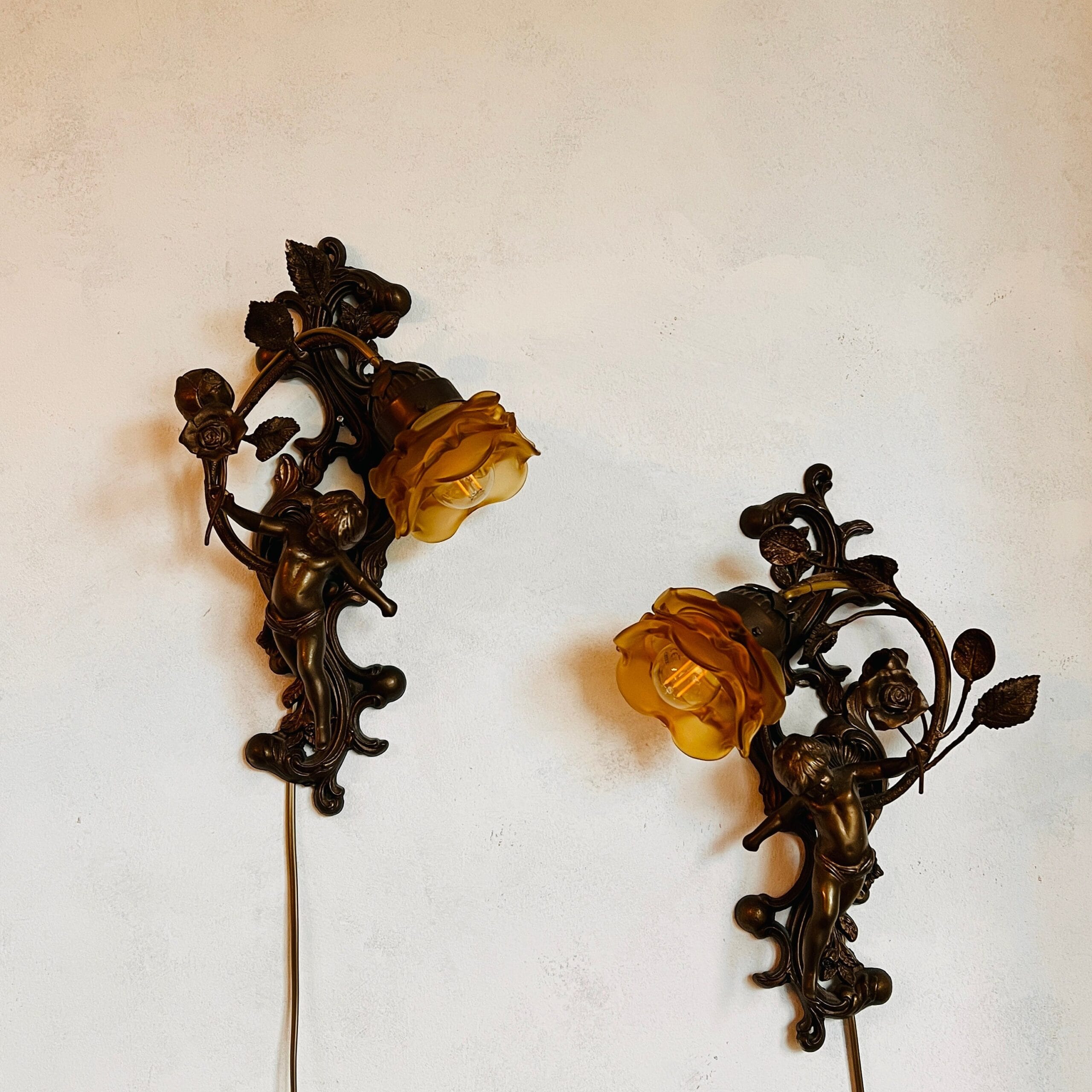Bronze Cherub Wall Sconces with Frosted Glass Shades, Italian Pair of Wall Lamps for Romantic Vintage Home Lighting Decor