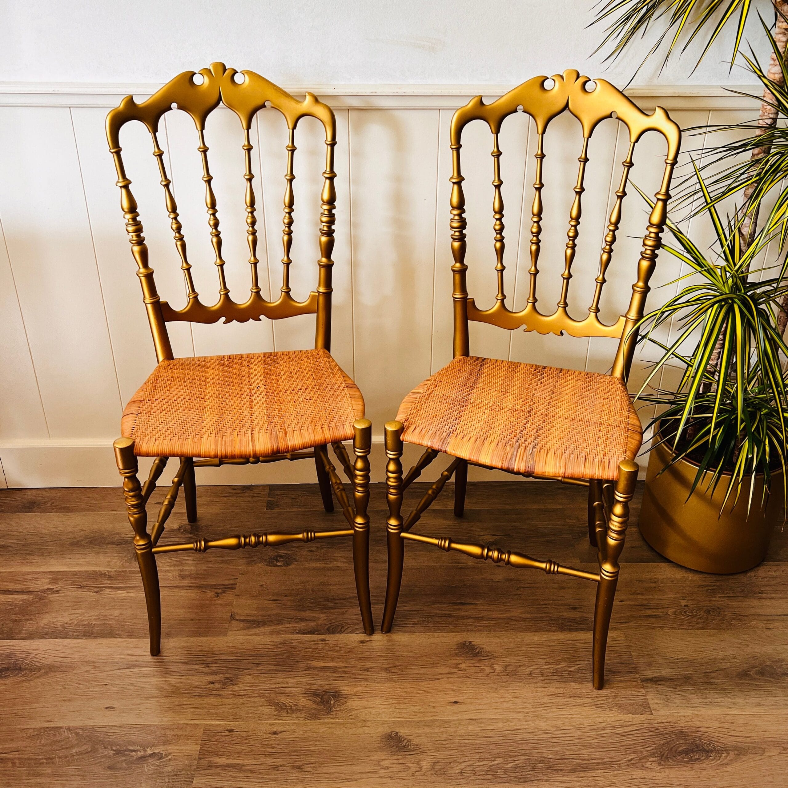 Pair of Gold Wood Chiavari-Style Chairs, Mid-Century Italian Event Seating, 1960s Dining Room Accent Set with Patina Charm
