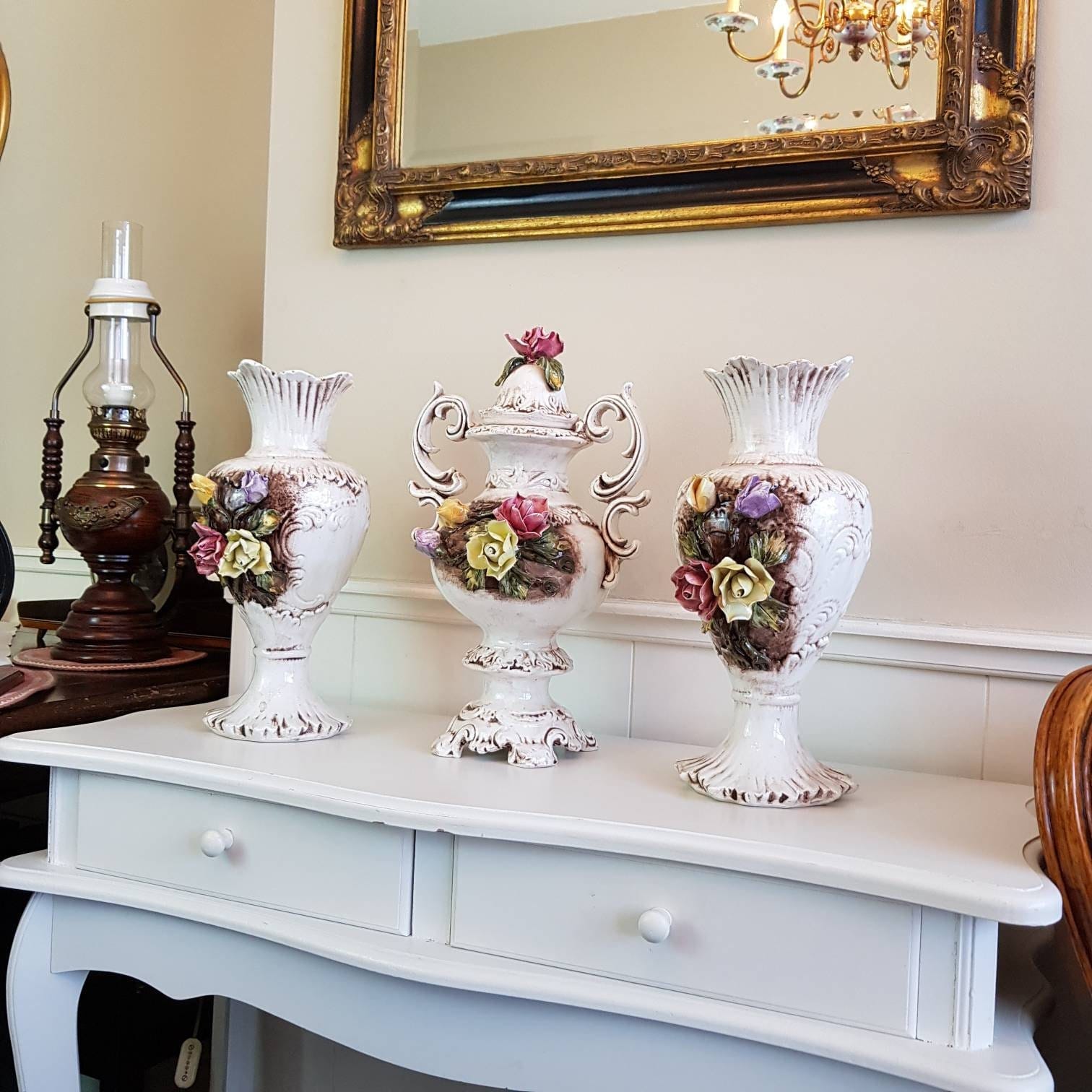 Hand Painted Ceramic Vase Trio with Roses, Bassano Style Italian Pottery, Large Romantic Vintage Home Decor Set of 3