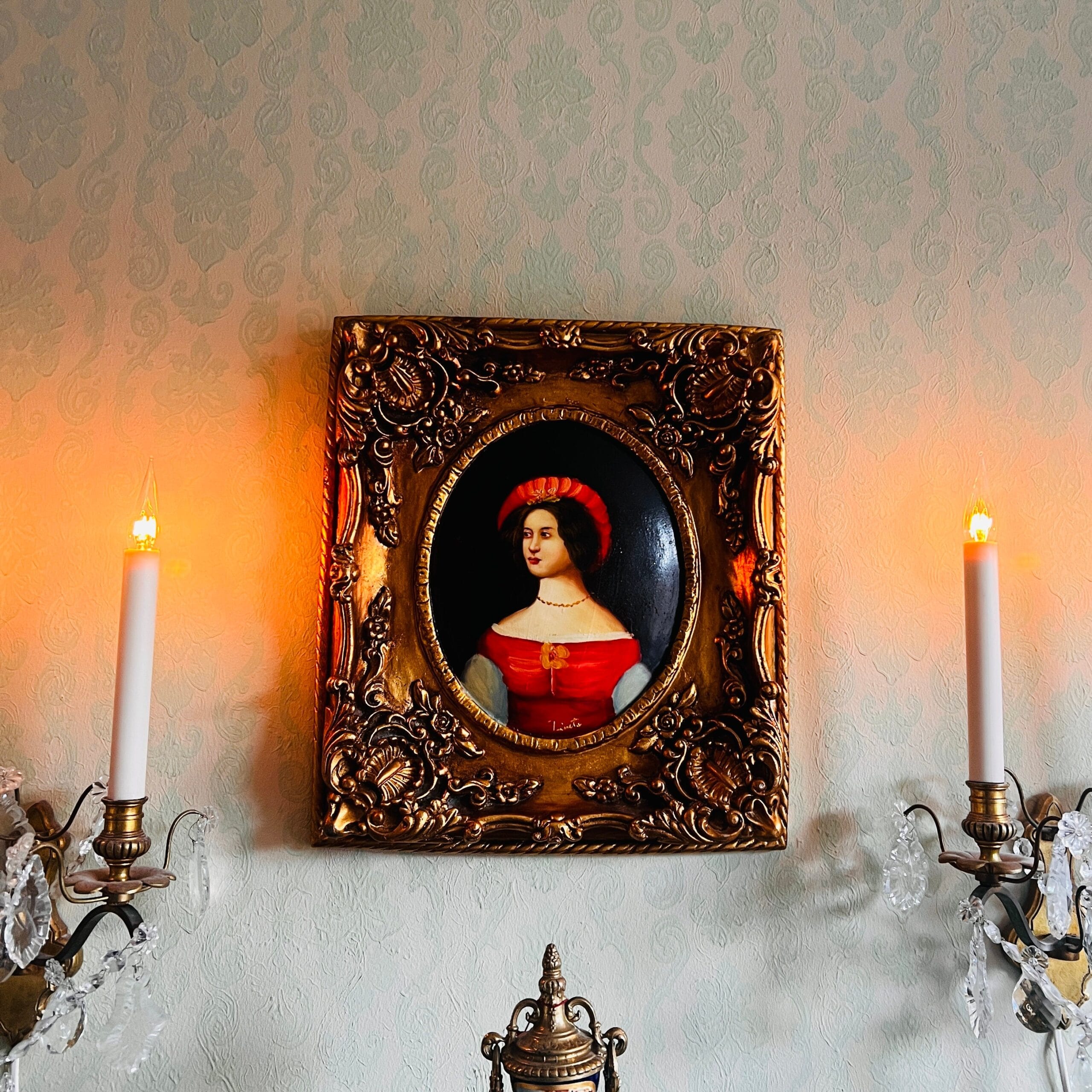 Lady Portrait Painting on Wood with Golden Frame, Convex Handmade Wall Art, Signed Vintage Decor for Elegant Interiors