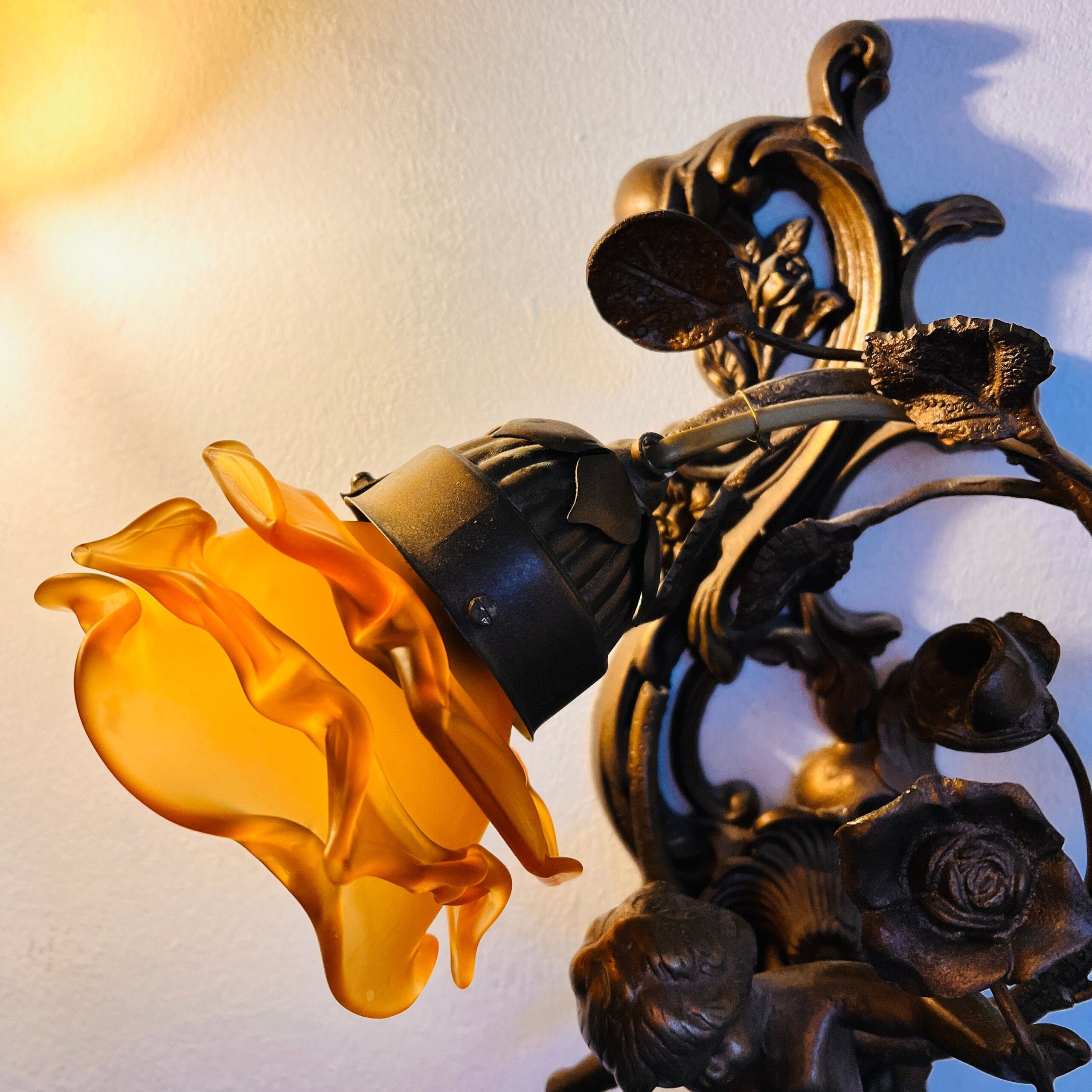 Bronze Cherub Wall Sconces with Frosted Glass Shades, Italian Pair of Wall Lamps for Romantic Vintage Home Lighting Decor
