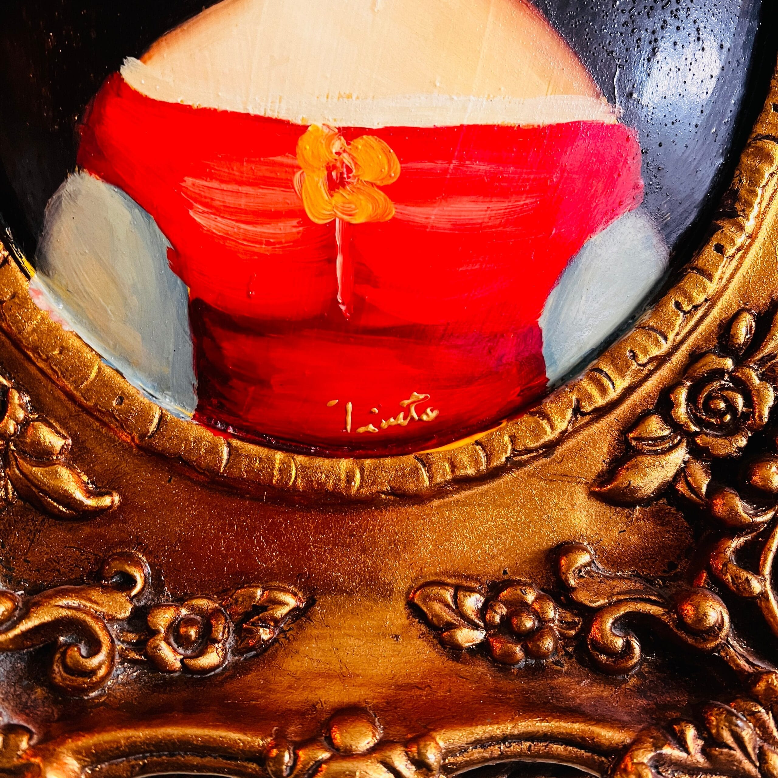 Lady Portrait Painting on Wood with Golden Frame, Convex Handmade Wall Art, Signed Vintage Decor for Elegant Interiors