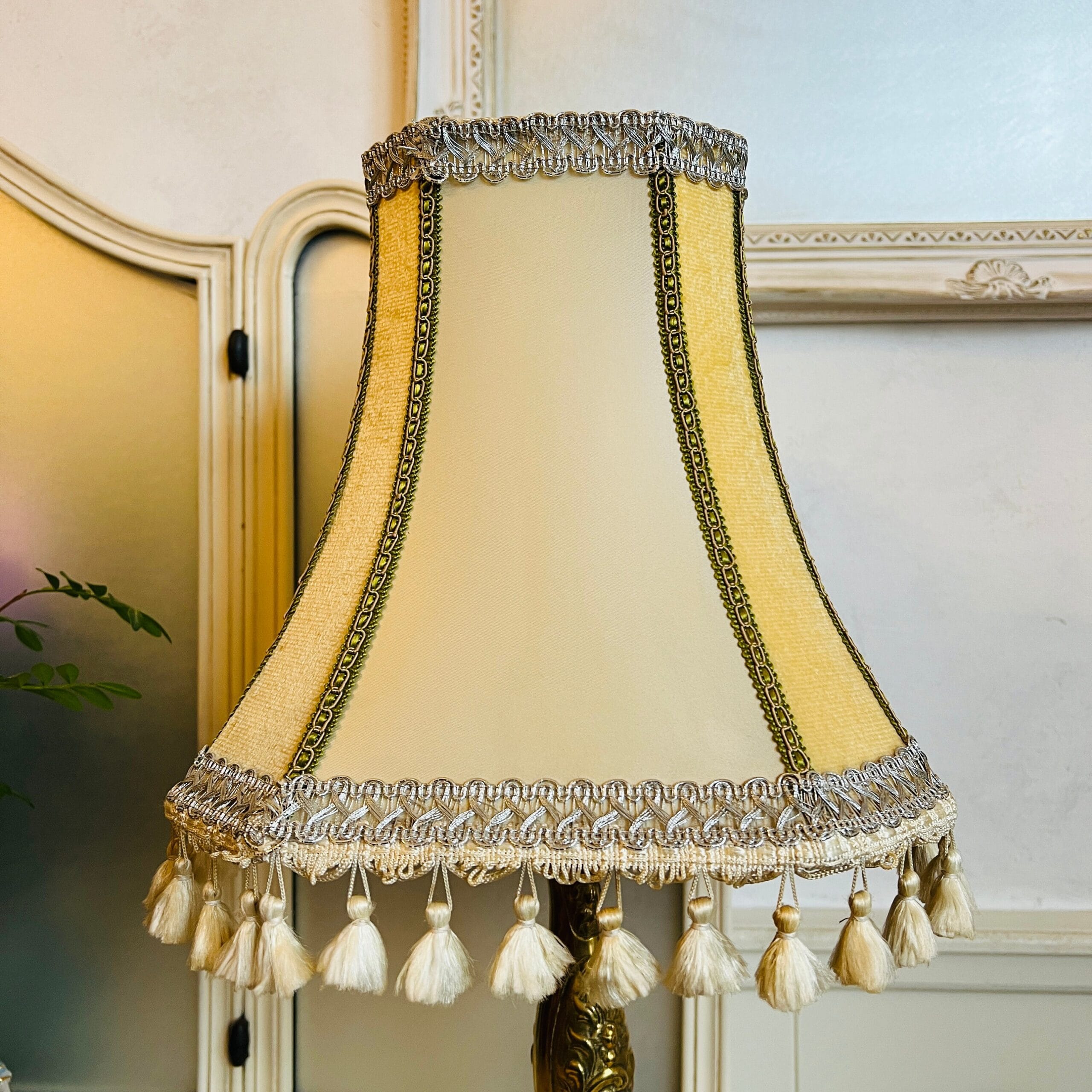 Brass table lamp with fringed shade, 60s vintage lighting for desk or bedside, charming home accent with soft nostalgic glow