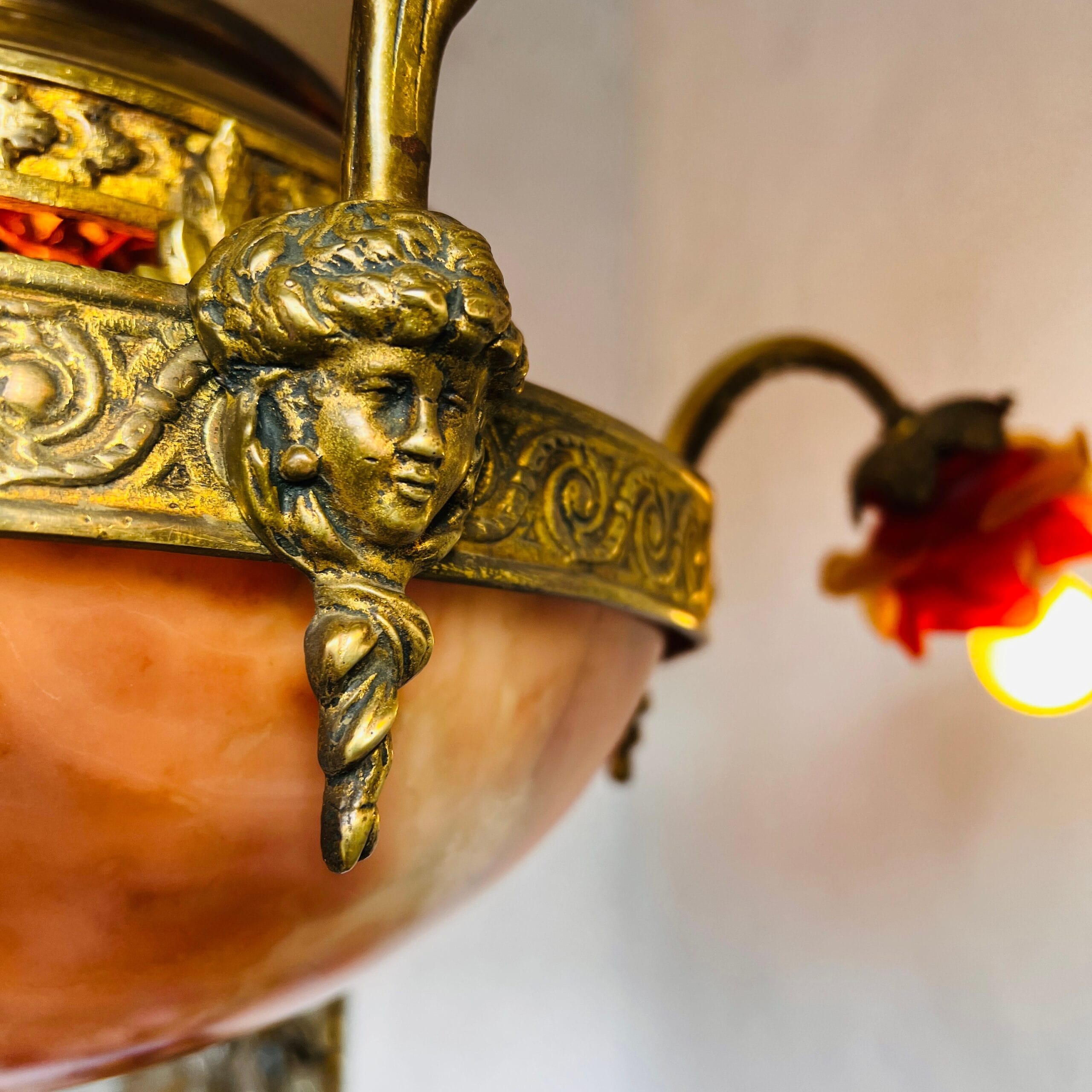 French Bronze Chandelier with Marble Disc and Vianne Shades | Rococo Louis XV Lighting | Ornate Vintage Ceiling Fixture