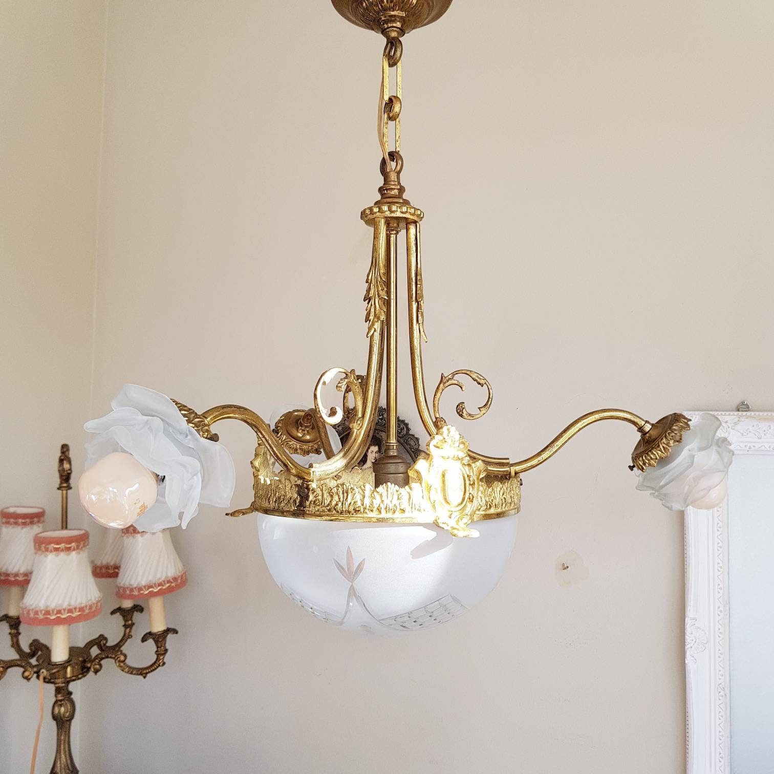 Antique Art Deco Bronze Glass Chandelier with Satin Shades, French Pendant Light, 3 Arm Ceiling Fixture, 4 Bulb Vintage Lighting