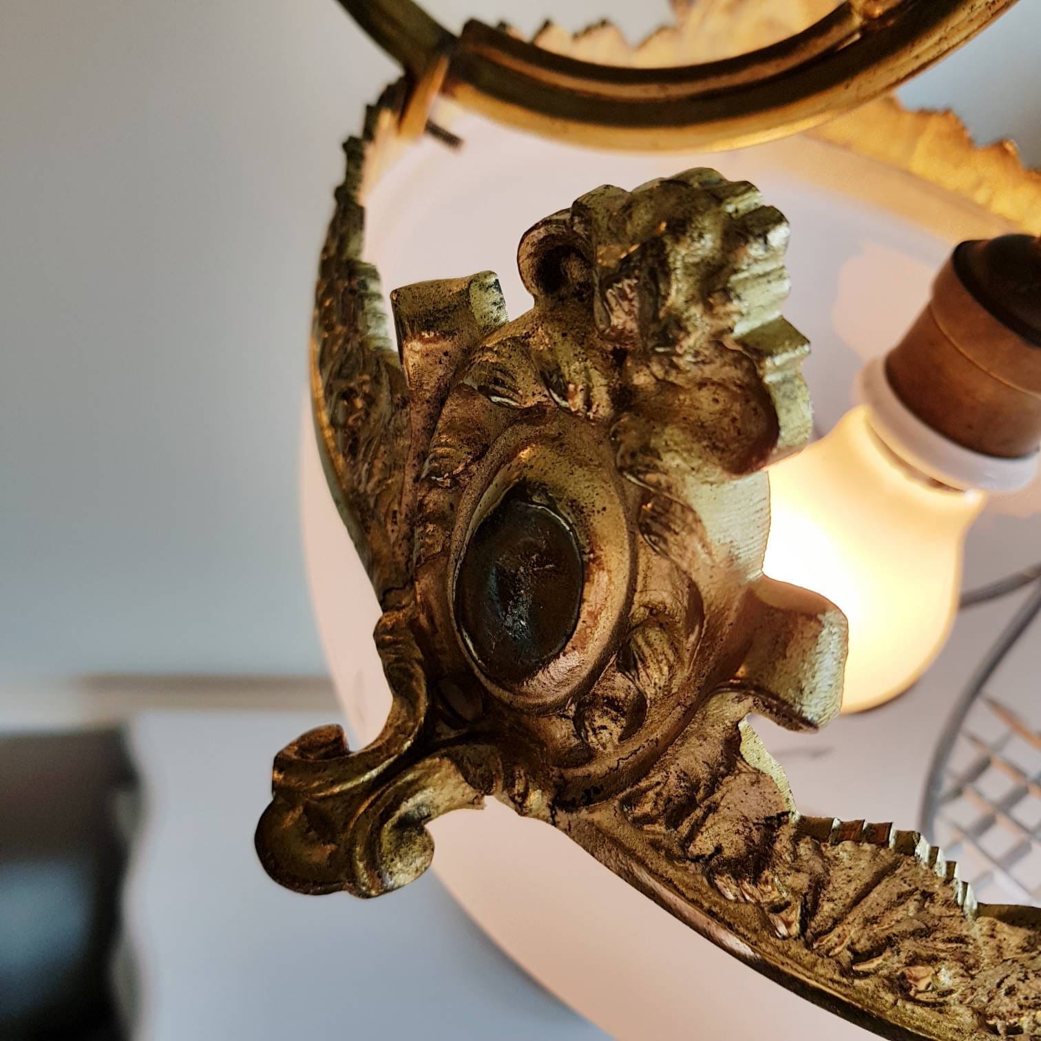 Antique Art Deco Bronze Glass Chandelier with Satin Shades, French Pendant Light, 3 Arm Ceiling Fixture, 4 Bulb Vintage Lighting