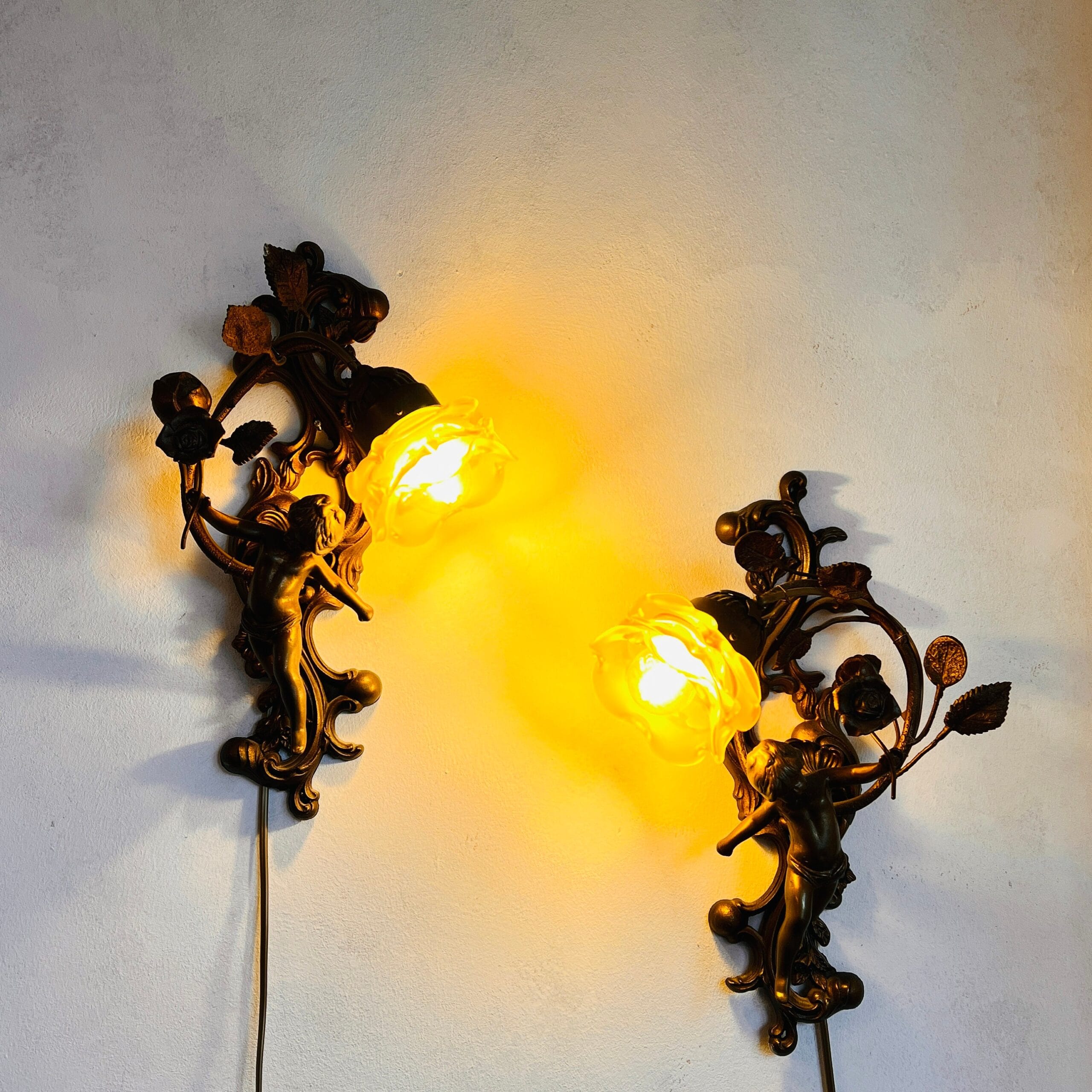 Bronze Cherub Wall Sconces with Frosted Glass Shades, Italian Pair of Wall Lamps for Romantic Vintage Home Lighting Decor