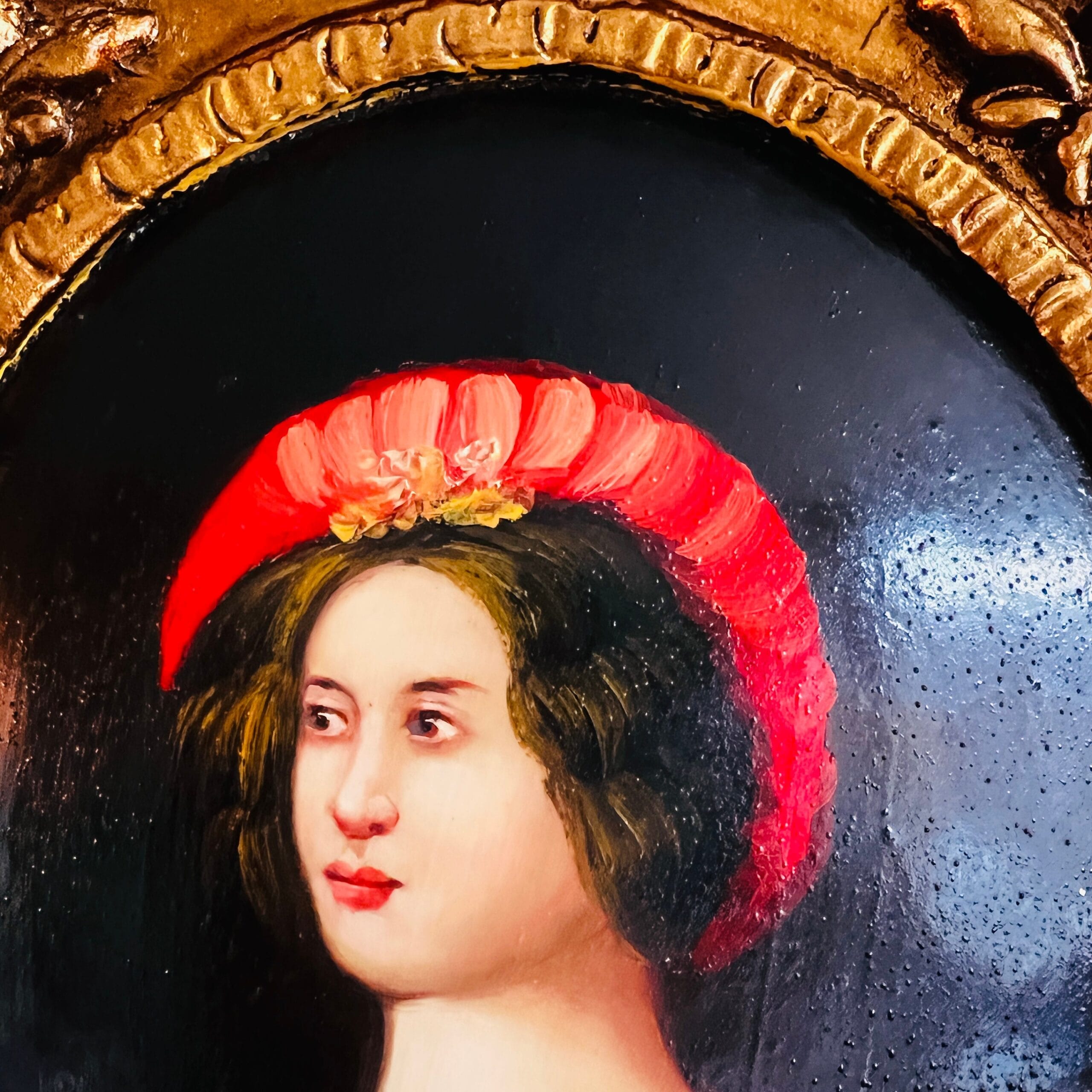 Lady Portrait Painting on Wood with Golden Frame, Convex Handmade Wall Art, Signed Vintage Decor for Elegant Interiors