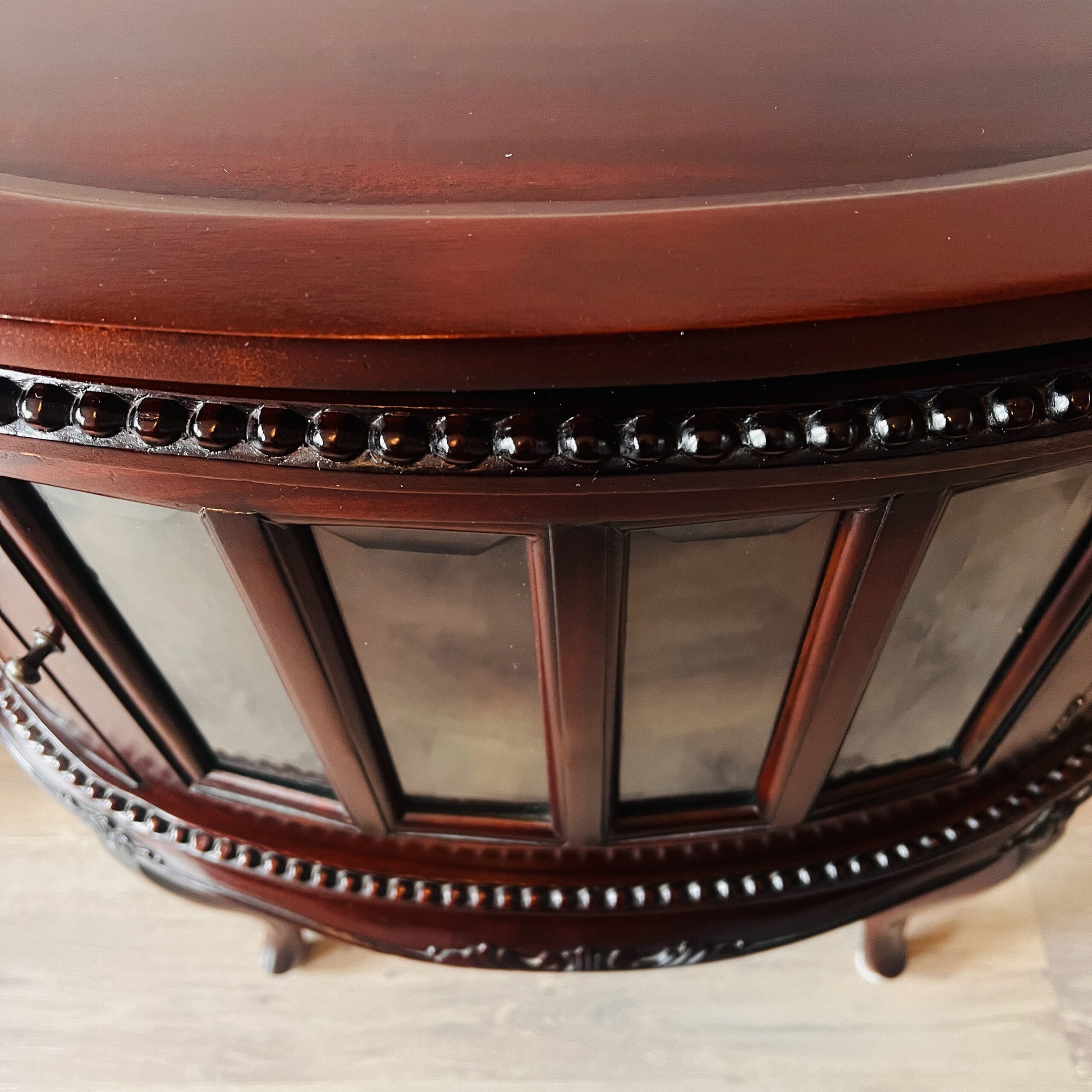 Mahogany Wood Tea Cabinet with Oval Tray Top, Beveled Glass Doors, Vintage Display Table or Sideboard Storage Piece
