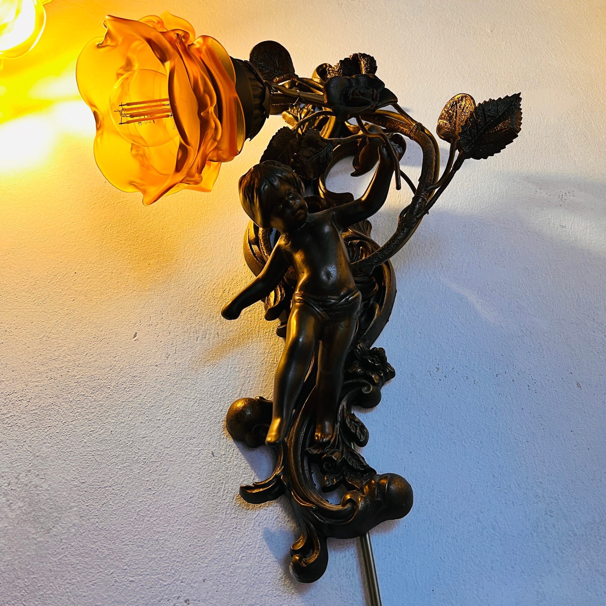 Bronze Cherub Wall Sconces with Frosted Glass Shades, Italian Pair of Wall Lamps for Romantic Vintage Home Lighting Decor