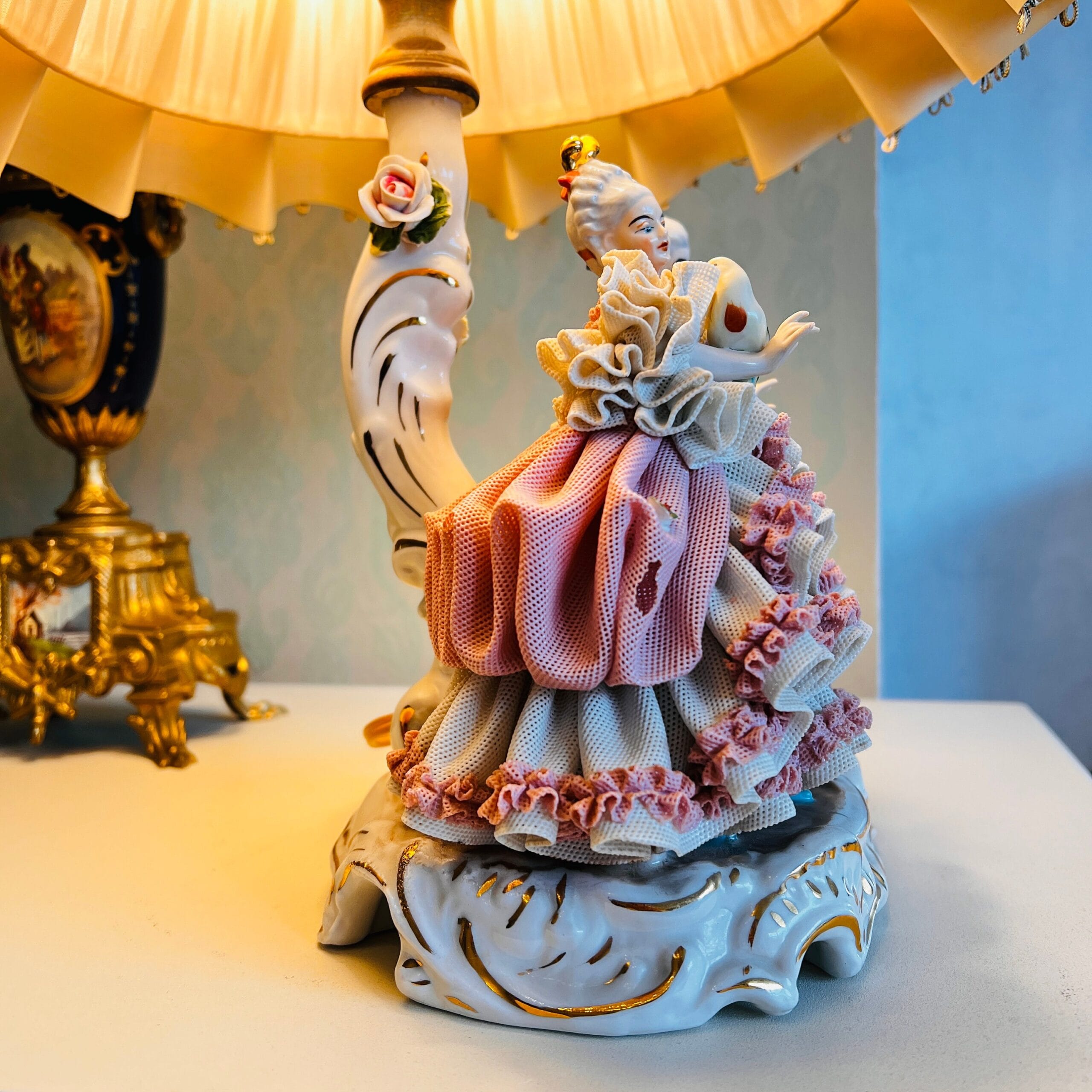 Dresden porcelain table lamp with lace detail, Victorian style lighting, Germany made, vintage home decor for bedroom or office