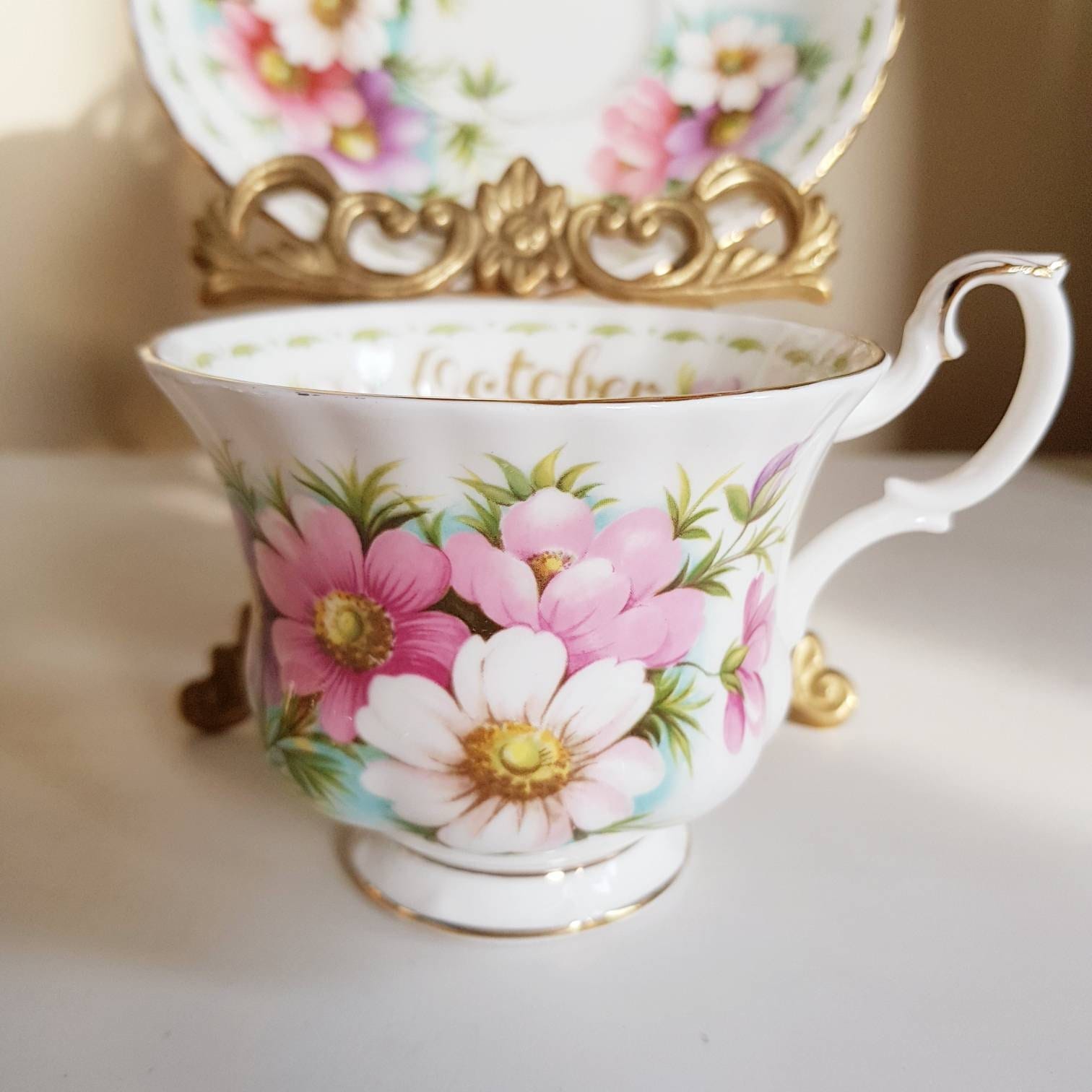 Royal Albert Bone China Teacup and Saucer Set - October Cosmos - Flower of the Month Series, Gold Trim, Made in England