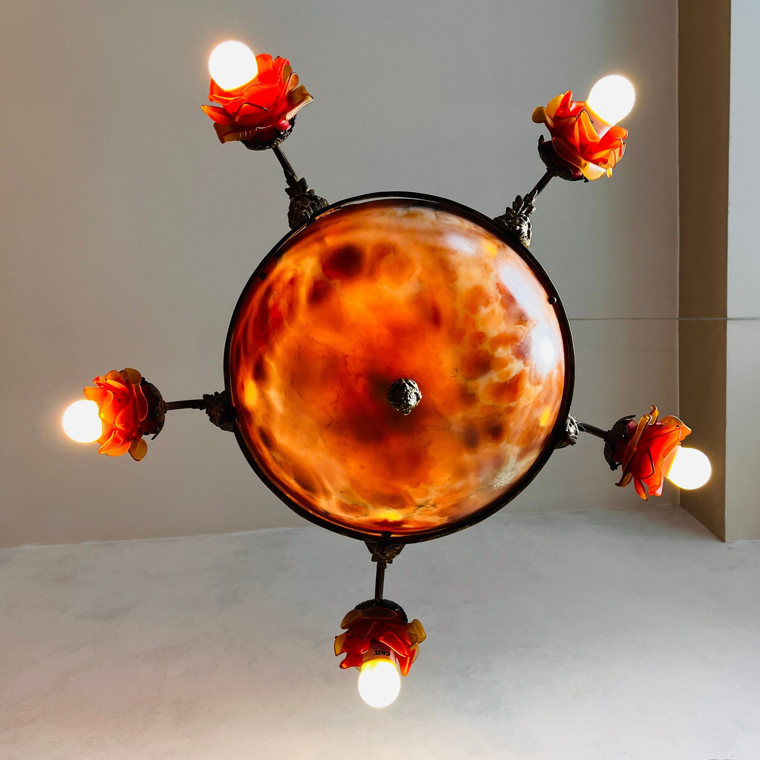 French Bronze Chandelier with Marble Disc and Vianne Shades | Rococo Louis XV Lighting | Ornate Vintage Ceiling Fixture