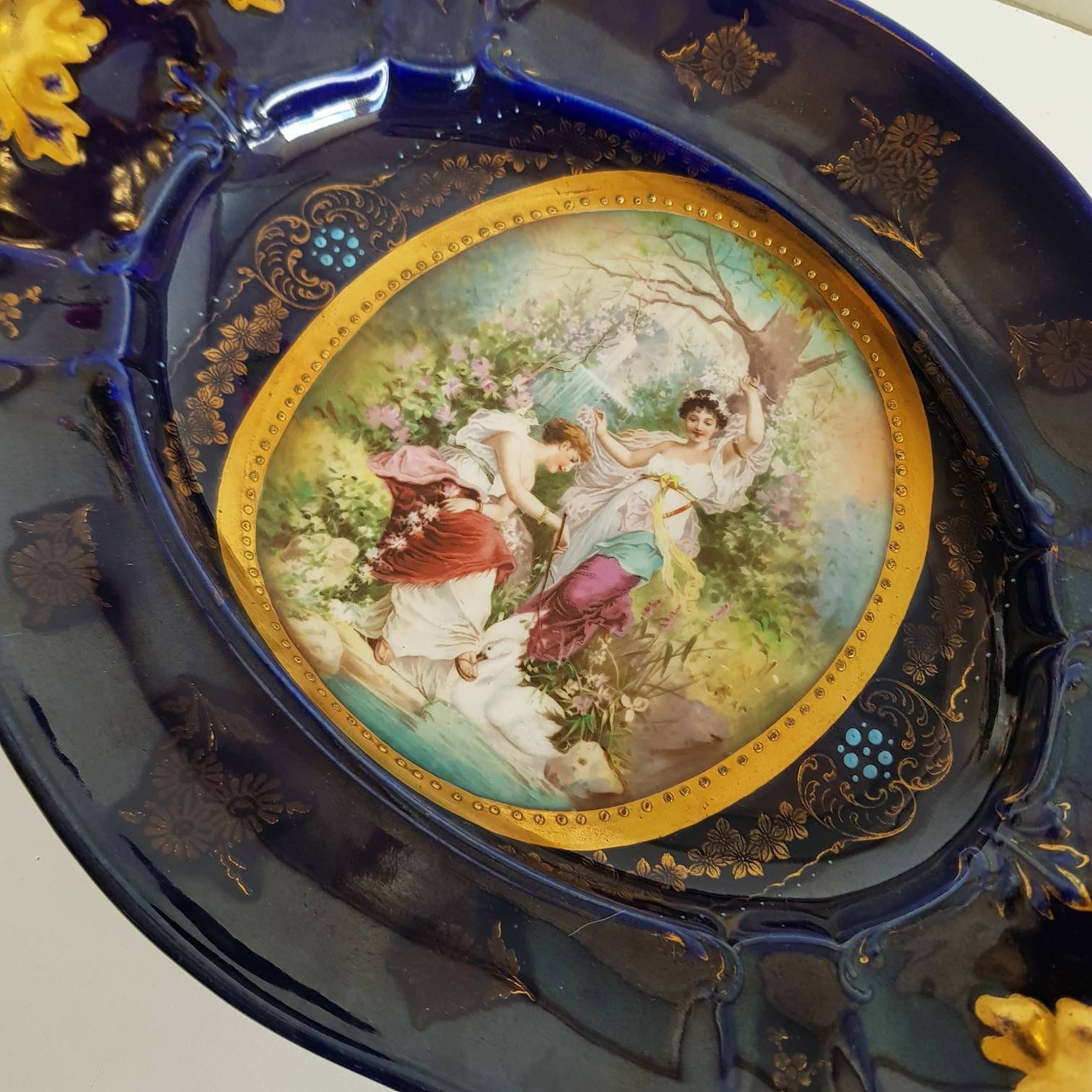 Cobalt Blue Porcelain Oval Tray with Handles, Royal Vienna Alexandra Works, Gilded Gold Trim, Austria, NR 5731, Kitchen Accent