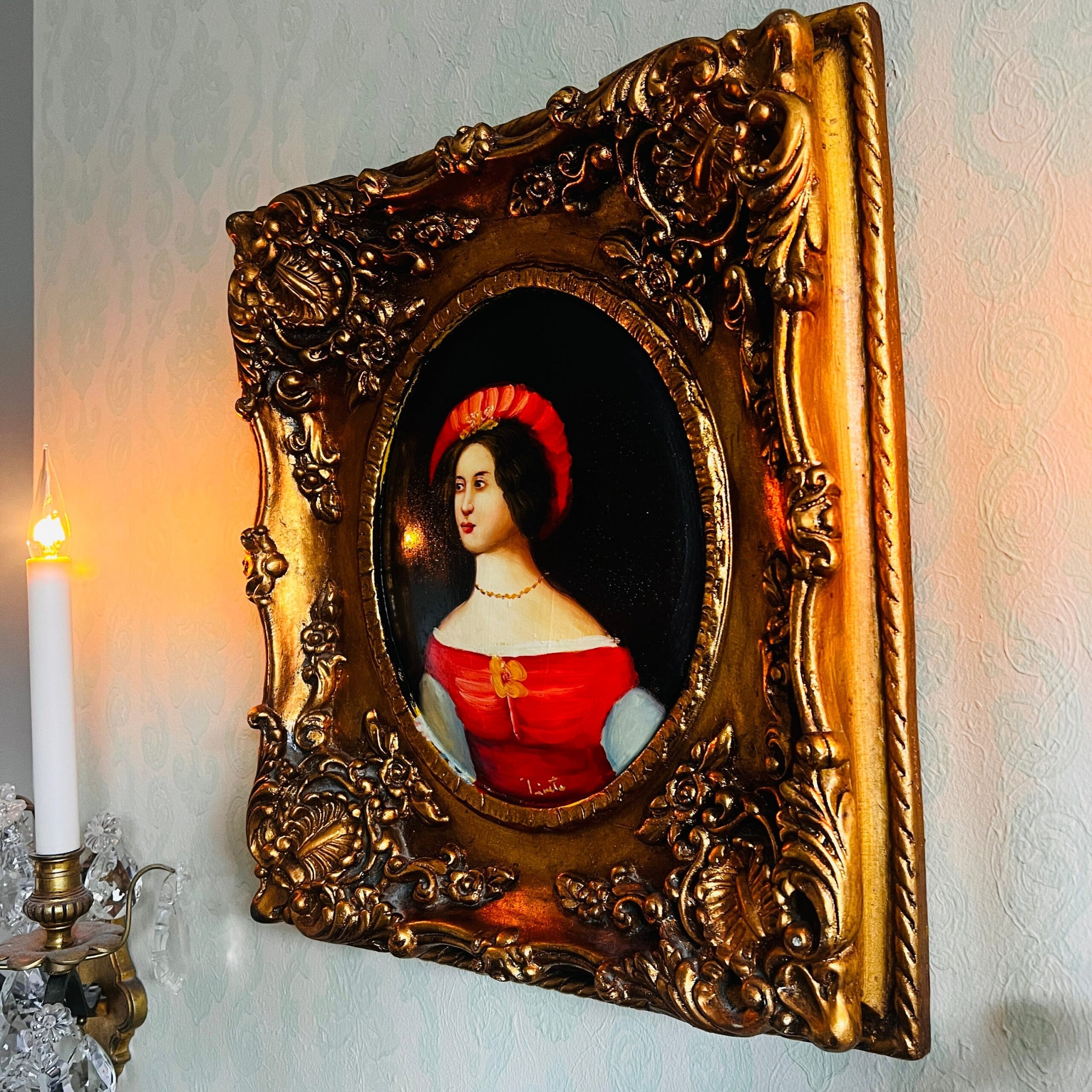 Lady Portrait Painting on Wood with Golden Frame, Convex Handmade Wall Art, Signed Vintage Decor for Elegant Interiors