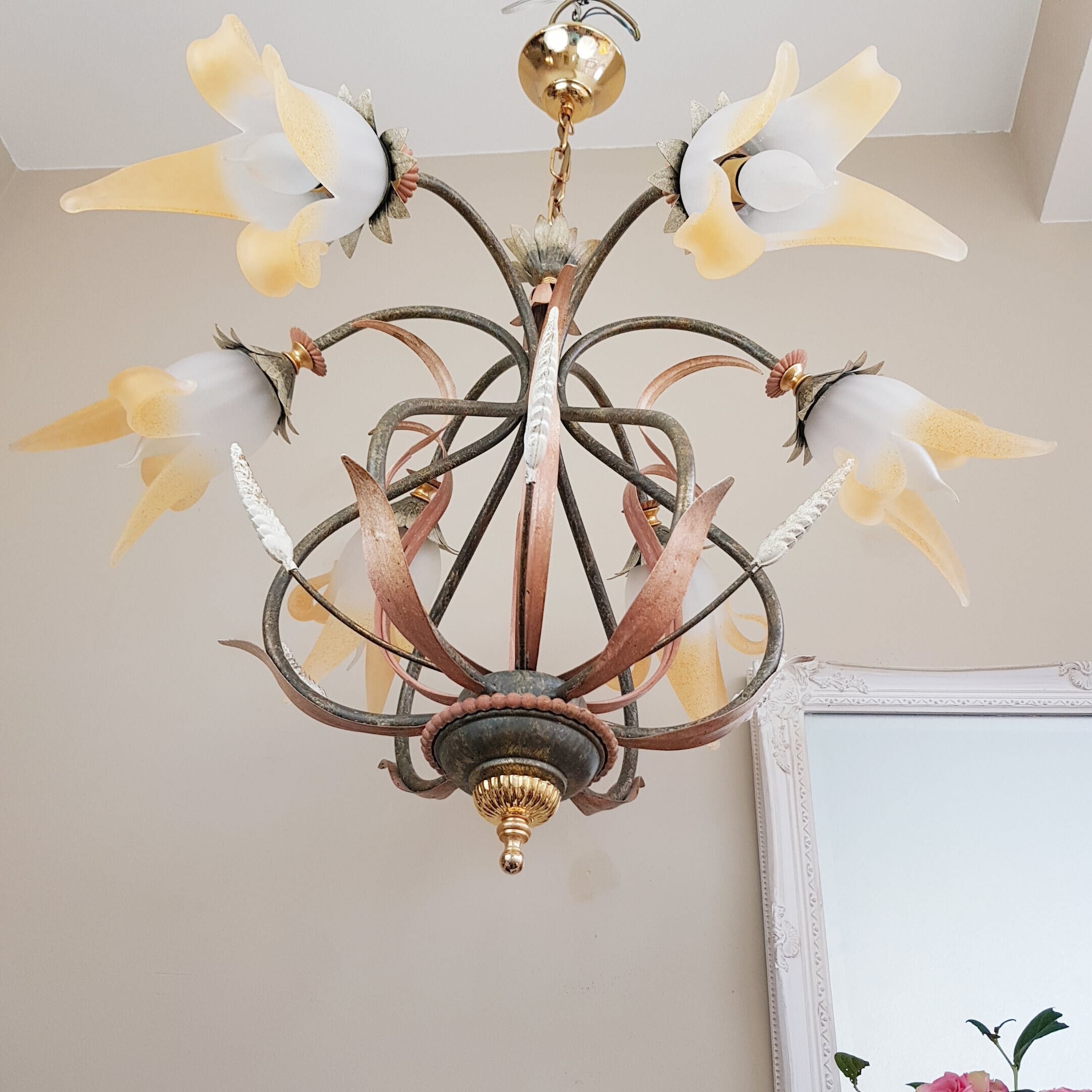 Murano Glass Hollywood Regency Chandelier by Renzo del Ventisette, 1950s Italian Floral Ceiling Light Fixture