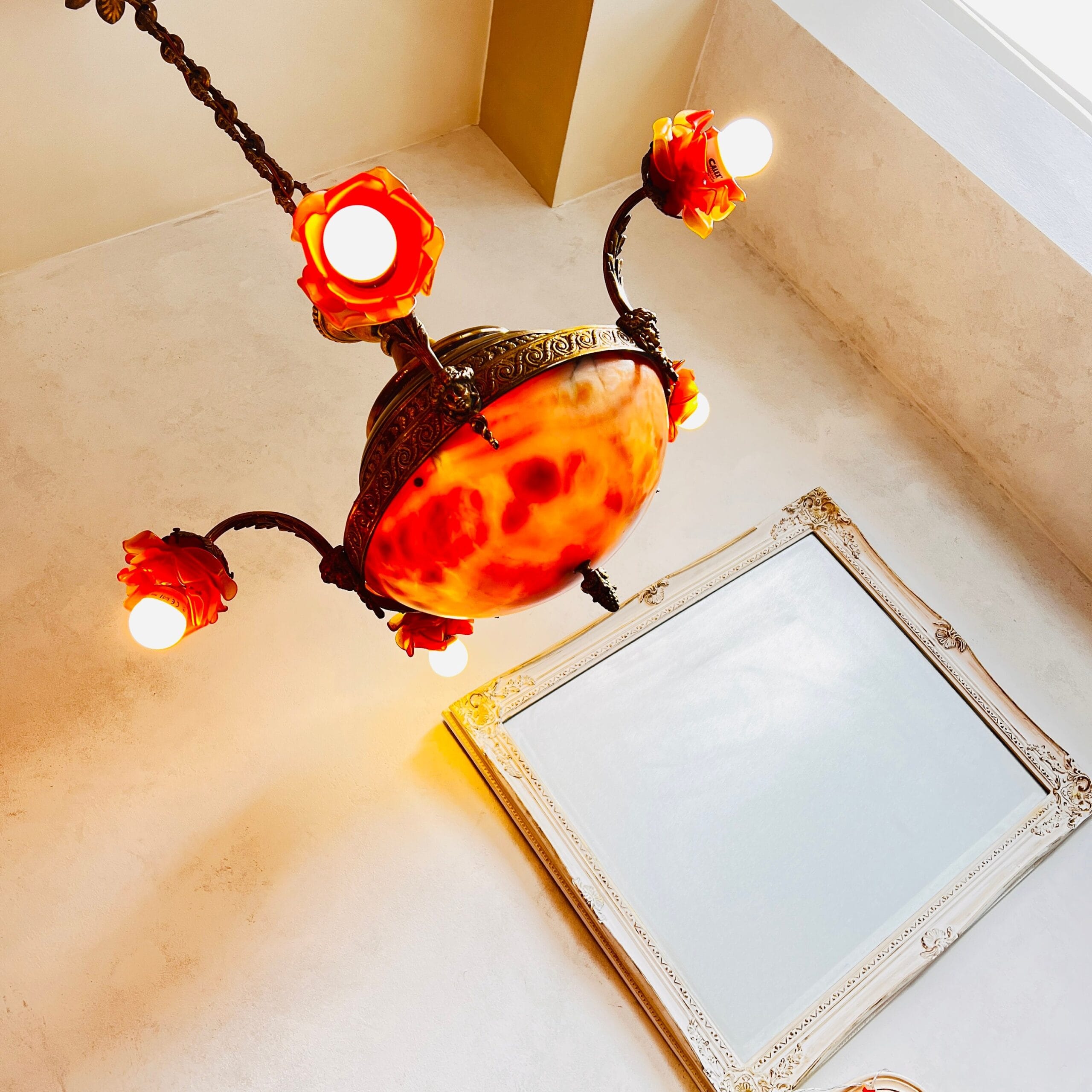French Bronze Chandelier with Marble Disc and Vianne Shades | Rococo Louis XV Lighting | Ornate Vintage Ceiling Fixture