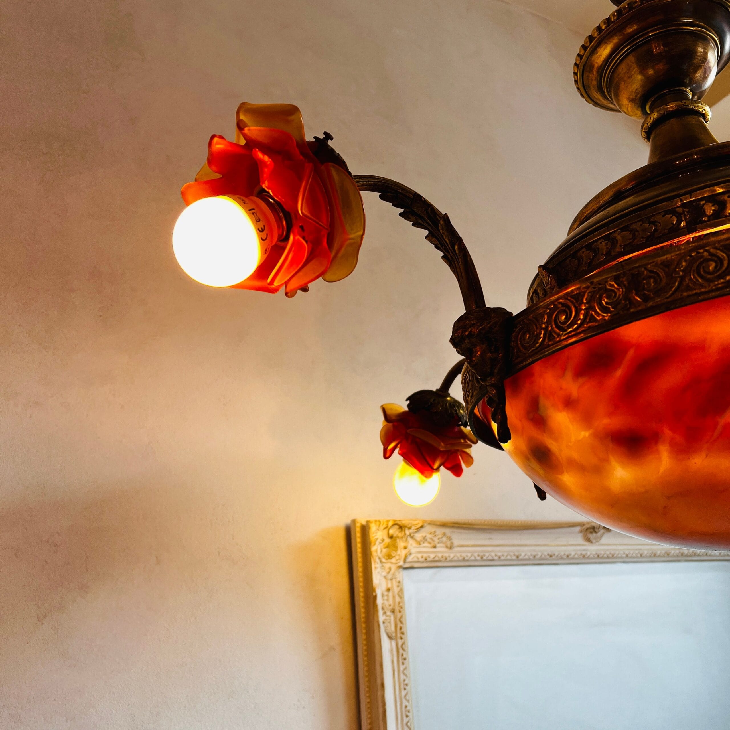 French Bronze Chandelier with Marble Disc and Vianne Shades | Rococo Louis XV Lighting | Ornate Vintage Ceiling Fixture