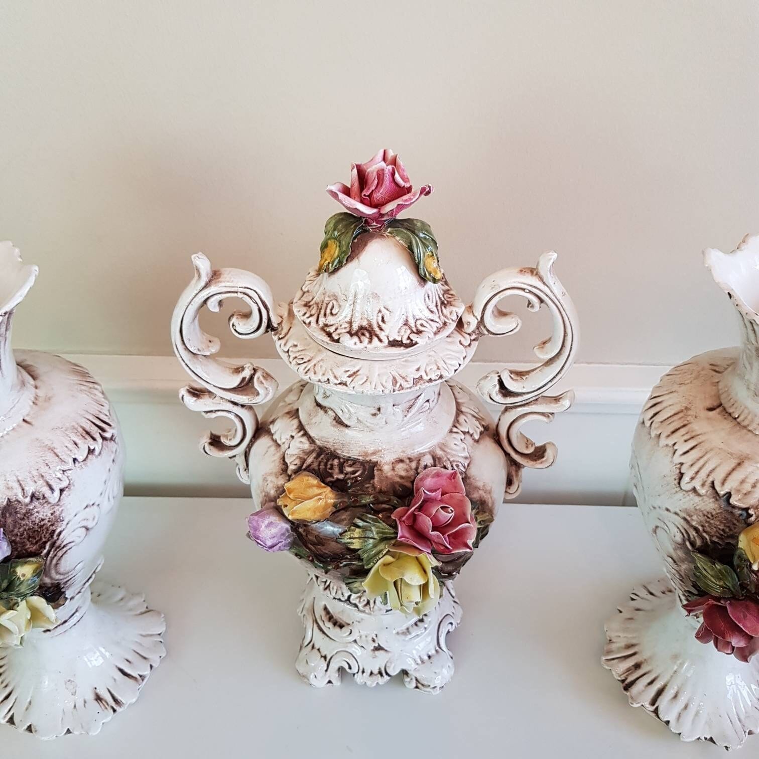 Hand Painted Ceramic Vase Trio with Roses, Bassano Style Italian Pottery, Large Romantic Vintage Home Decor Set of 3