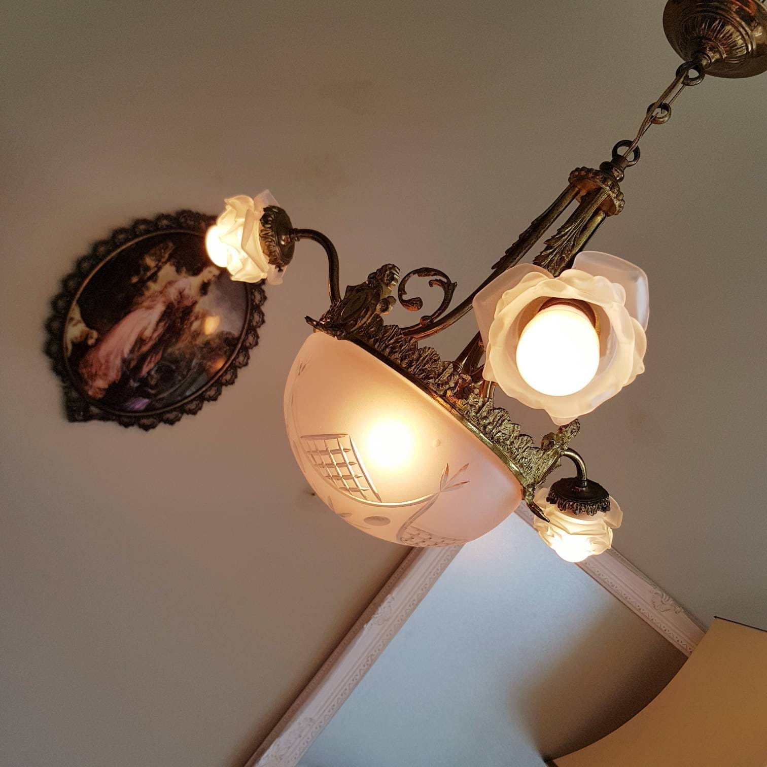 Antique Art Deco Bronze Glass Chandelier with Satin Shades, French Pendant Light, 3 Arm Ceiling Fixture, 4 Bulb Vintage Lighting