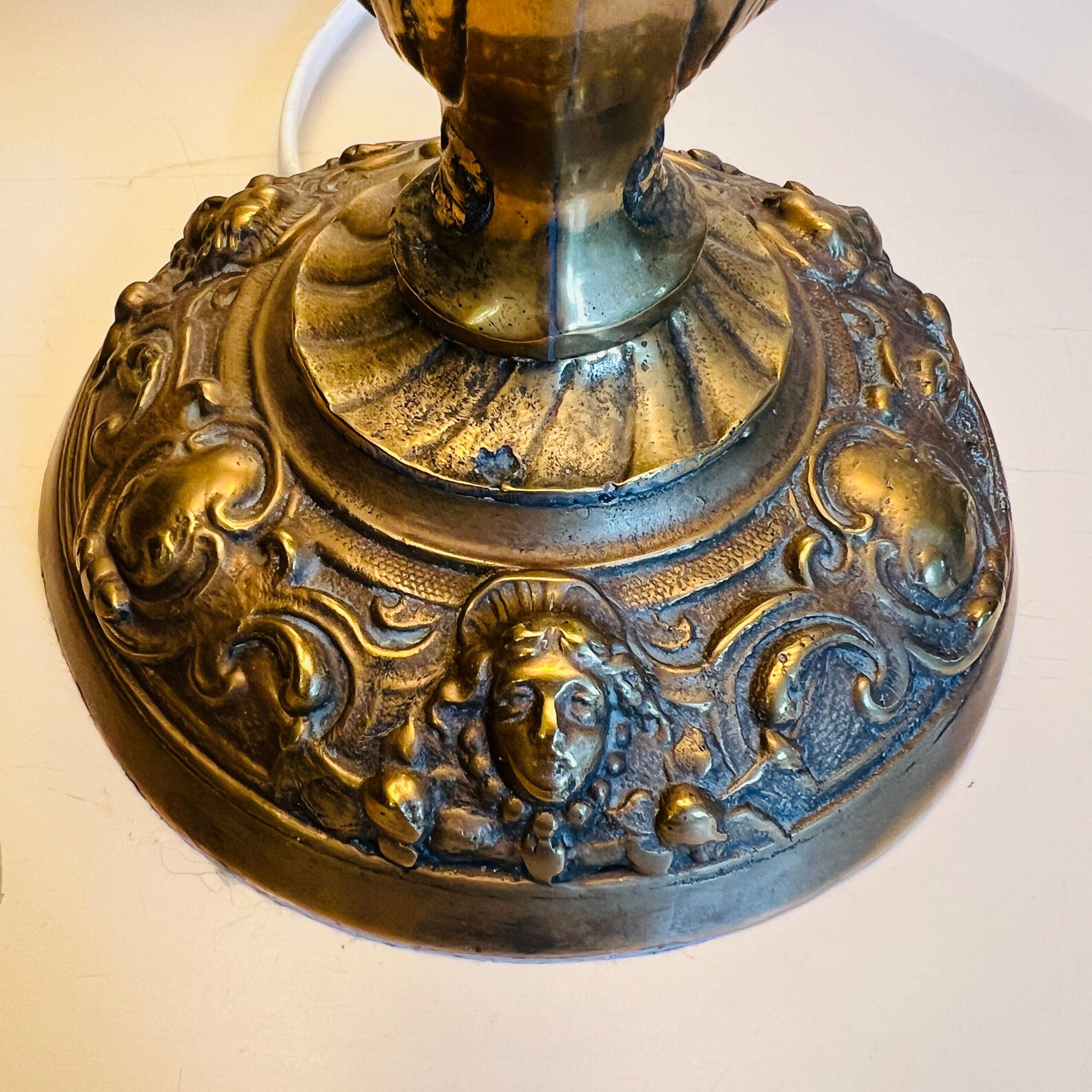Brass table lamp with fringed shade, 60s vintage lighting for desk or bedside, charming home accent with soft nostalgic glow